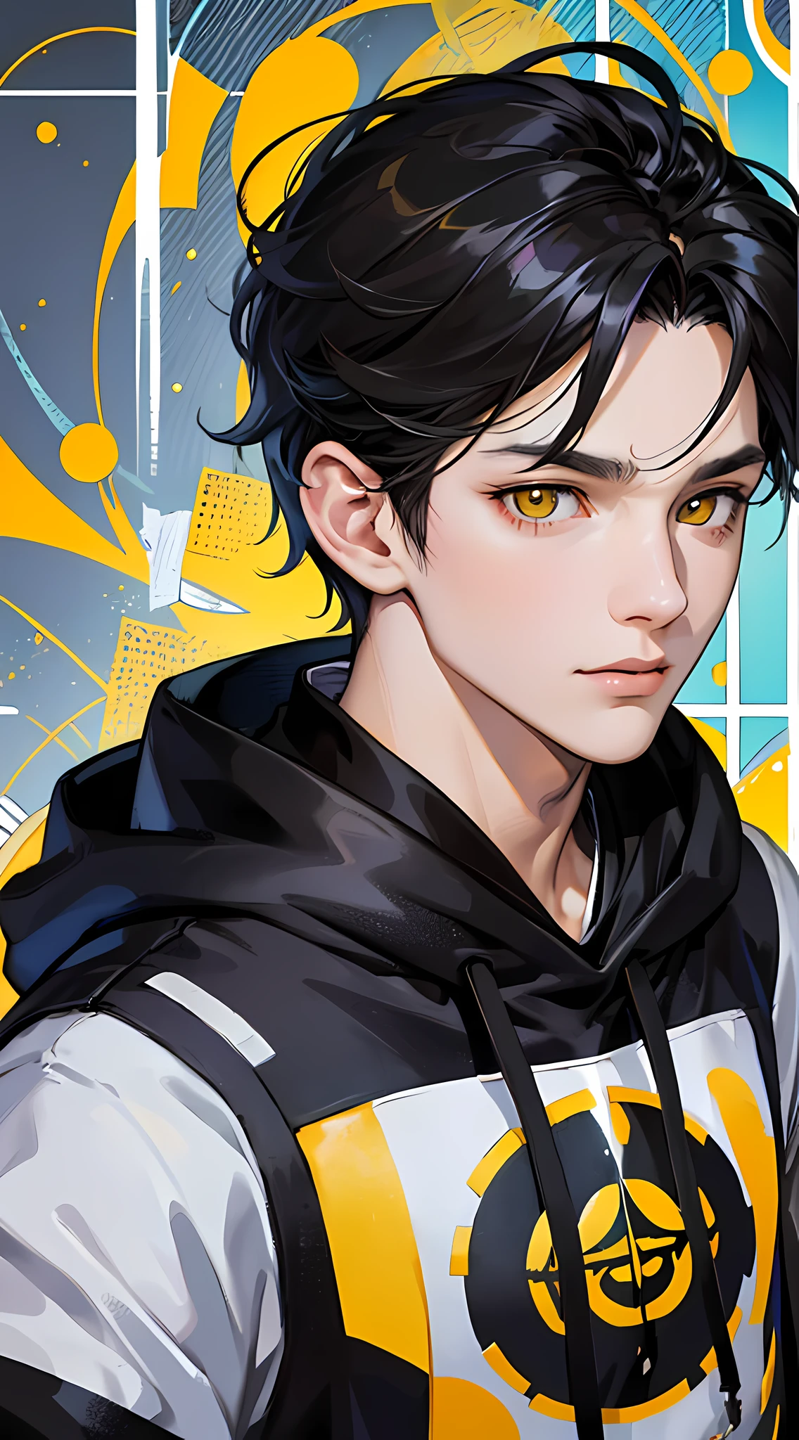 8k high definition, full reality, boy, boy, anime, sweatshirt, black hair, yellow eyes, innocent look, wallpaper --auto --s2