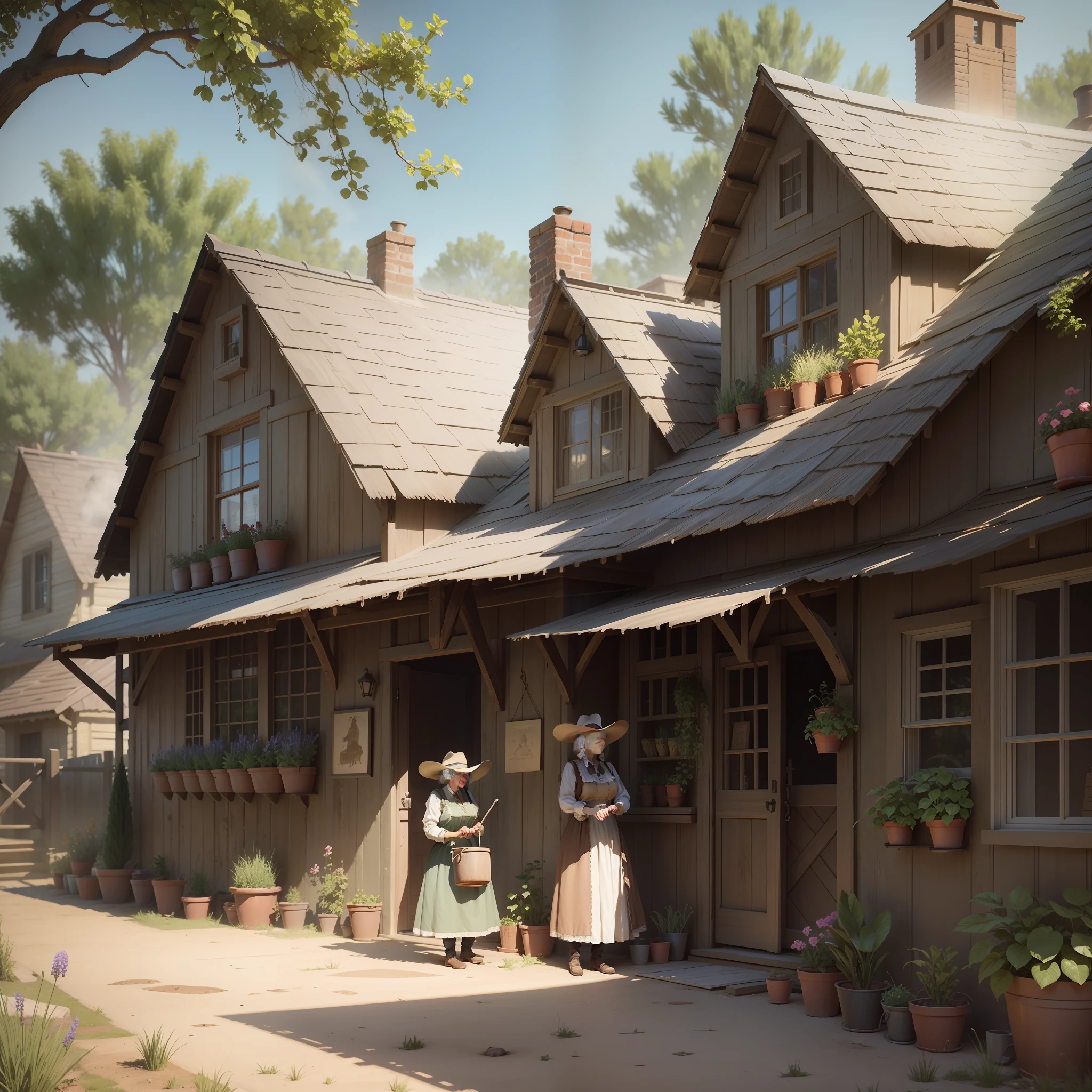 an old lady watering plants in cottage yard,wild west,dust,horse,artwork,3d,4k,detailed,realistic