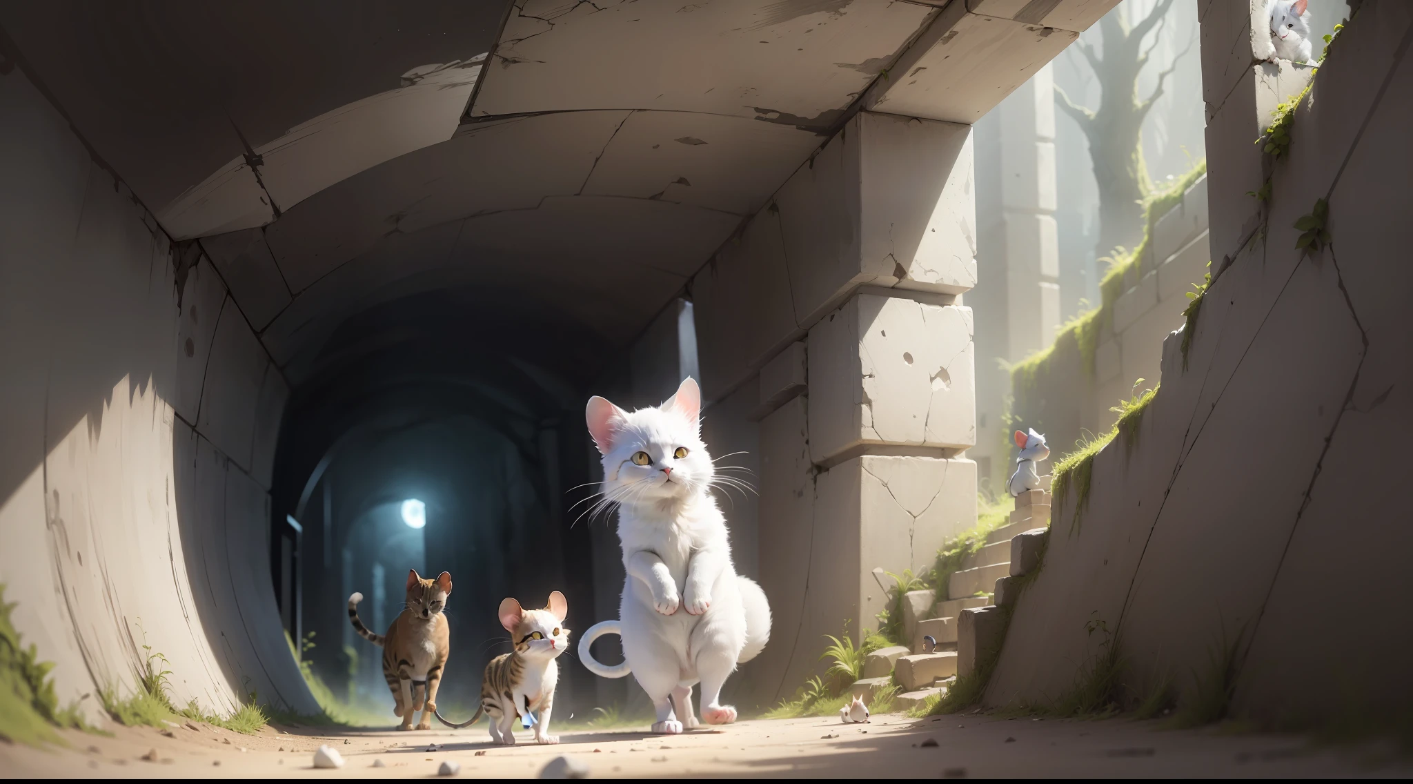 Draw a cat, white-haired, walking next to a mouse, white-haired, in a dark hole, atmospheric perspective, seen from the side, 8k, super detailed, accurate, better quality