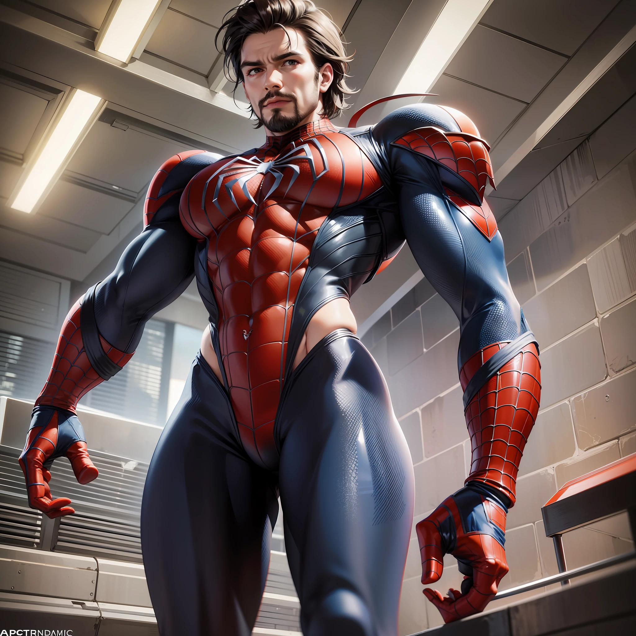 A 30-year-old man with goatee is the 2099 spider-man of Marvel comics, Biceps and triceps defined, large pectoral, strong feathers, strong deltoids, defined abdomen, in the style of realistic renderings, spider-man 2099, 8k, detailed eyes, perfect eyes, epic, dramatic, fantastic, full body, design and intrigued details, dramatic lighting, hyperrealism, realistic photo, cinematic, 8k, detailed face, Dramatic photo, epic photo. --auto --s2