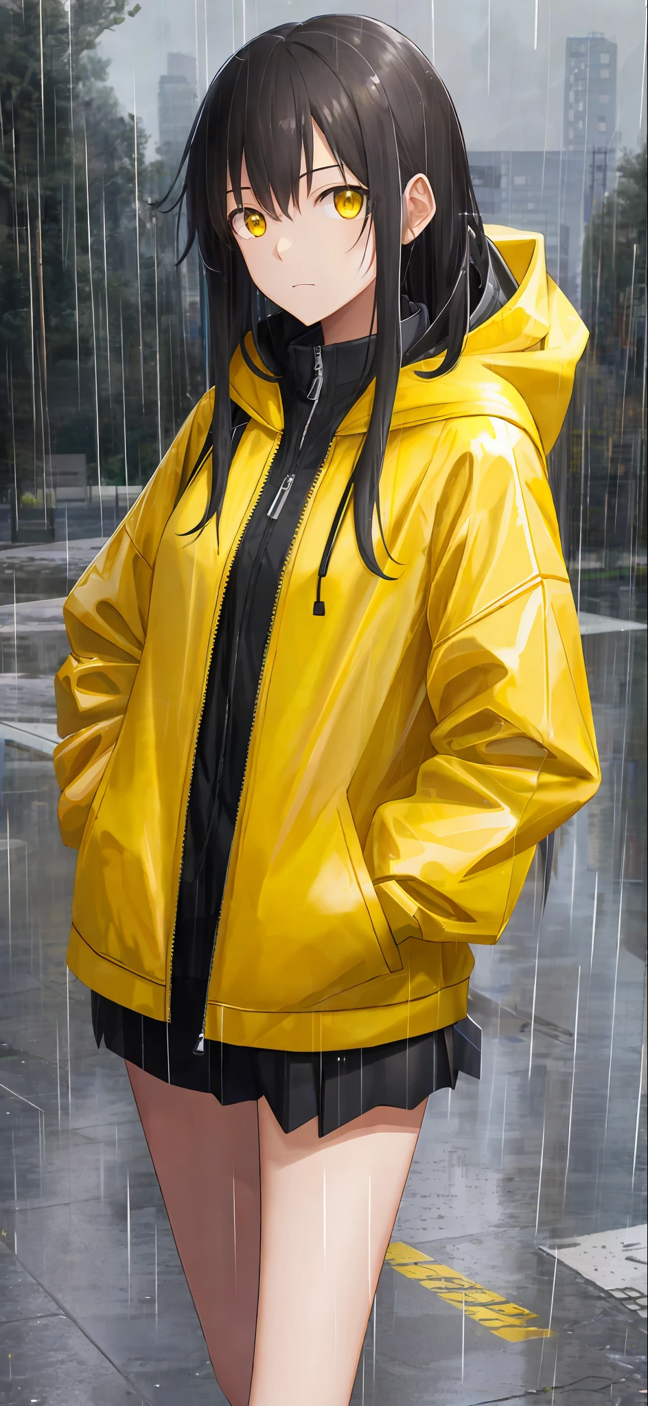1girl, yellow jacket, rain, outdoors, hoodie, open jacket, backpack, looking at another person, messy long hair, trend on artstation, 8k resolution, very detailed, anatomically correct, clear image, digital painting, concept art, trend on pixiv, Makoto Shinkai style,