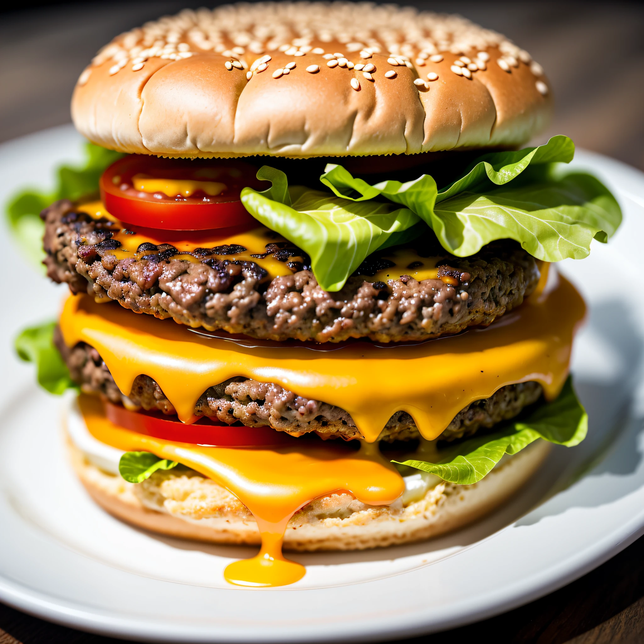 a close up of a hamburger with cheese and lettuce on a plate, burger on a plate, cheeseburger, burger with a mouth, big juicy burger, hamburger, eating a cheeseburger, burger with human mouth, burger, luscious patty with sesame seeds, a hyper realistic, operating on burgers, super realistic food picture, high quality food photography, hamburgers, by Joe Bowler