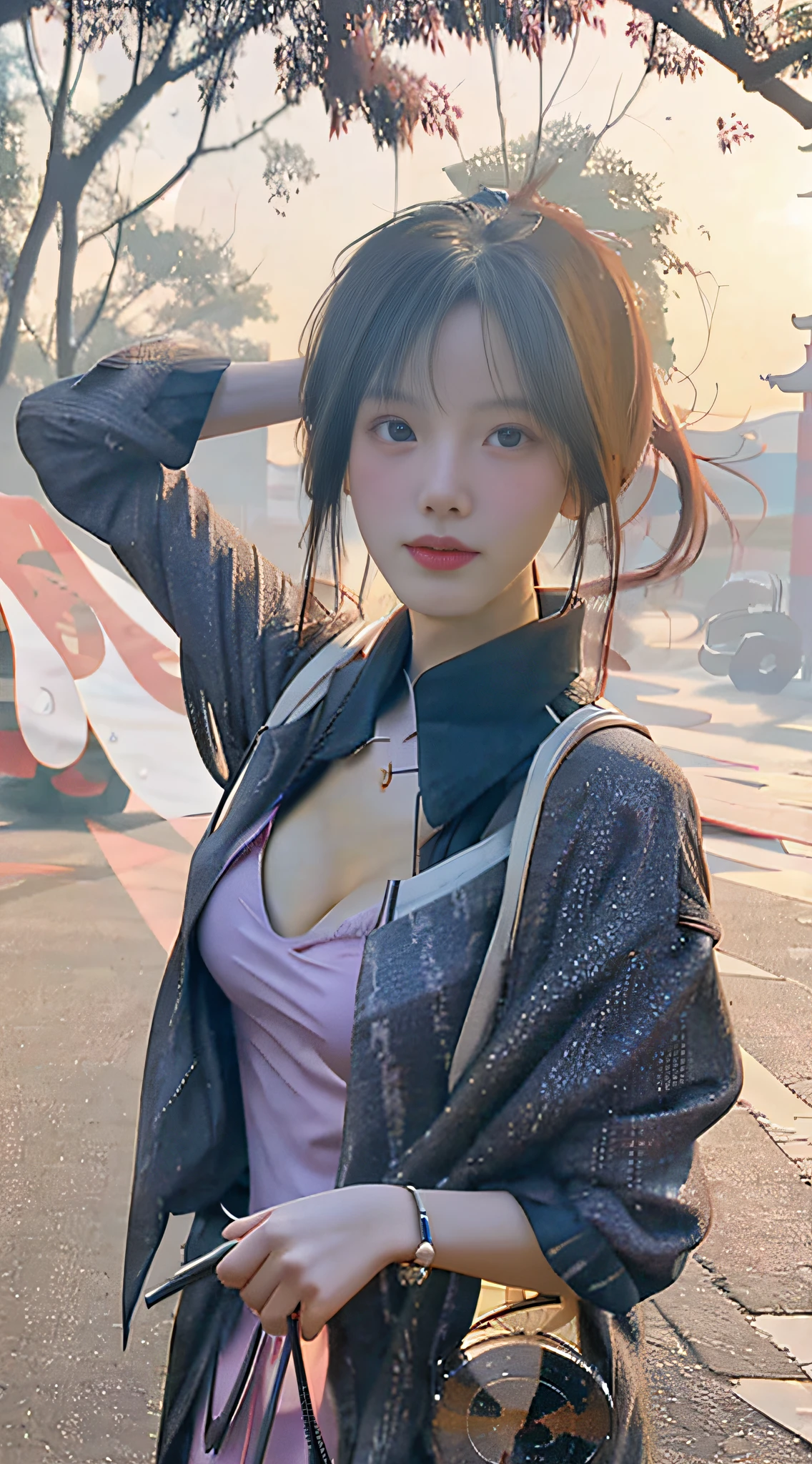 ultra high res, xiuxian, weapon, Detailed face, .1girl, solo, weapon, cleavage, (magic circle:1.2), xiuxian, upper body, Beautiful girl, full body, east asian architecture, sheath, architecture, (photorealistic:1.4), Best quality, masterpiece