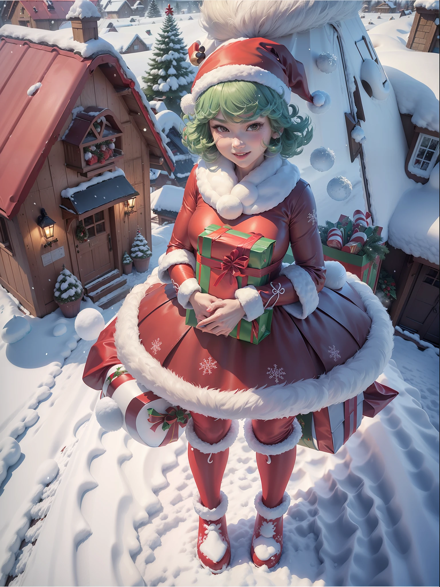 ((Full body+standing up)), Tatsumaki, ((wearing a Santa Claus outfit with+holding a gift bag)), She is smiling, looking at the viewer, ((it's snowing+on top of a house roof+with a reindeer sleigh)), Hyperrealism, 16k, best quality, high details, masterpiece, UHD, anatomically correct, textured skin,cartoon ,real