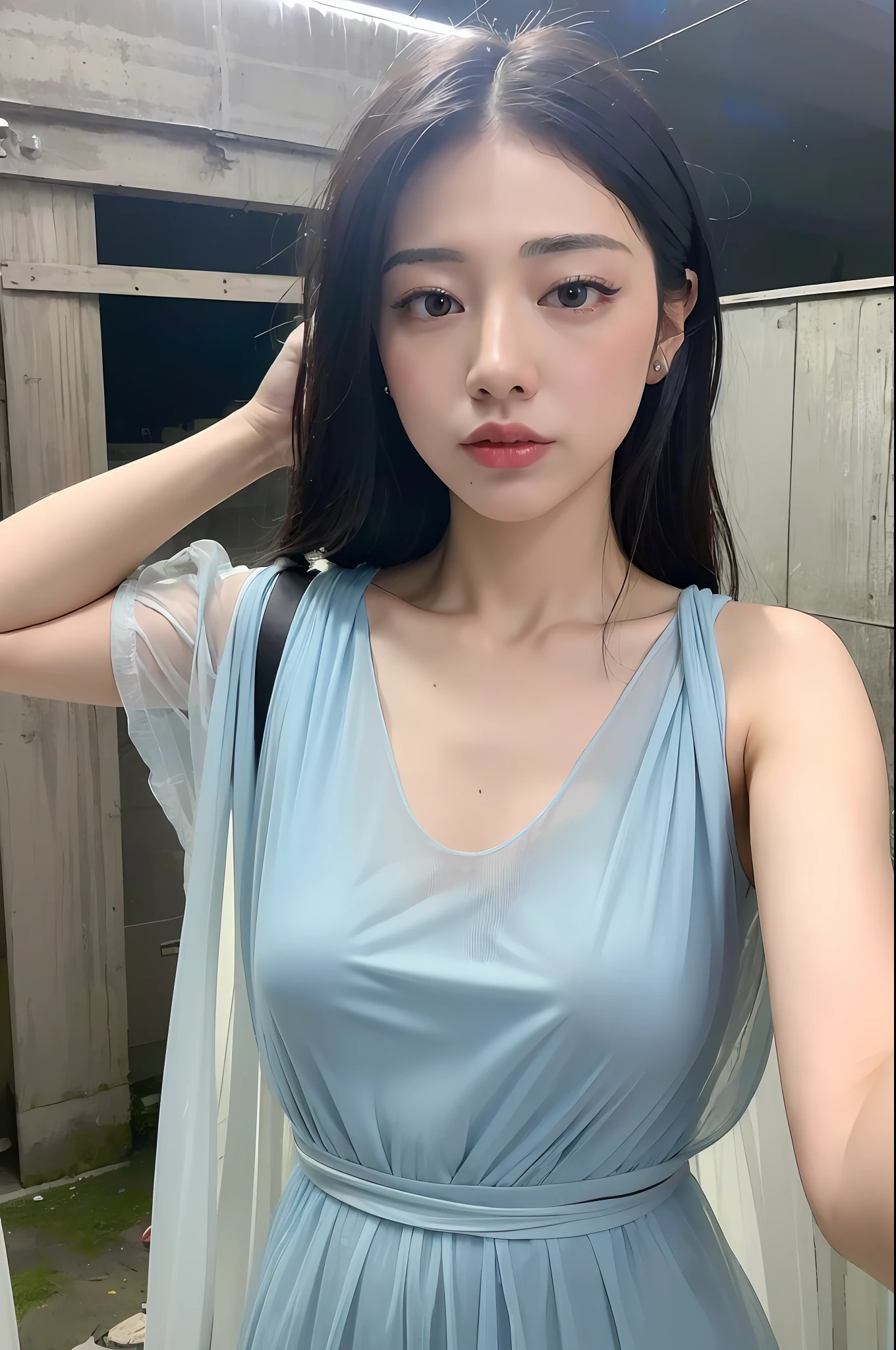 (((8k, RAW photos, best quality, masterpiece:1.4))), ultra high definition, ultra definition, (wearing Naked sheer smooth (Light Blue Garbage Bag: 1.5)), sexy, clavicle, slit, with long black hair,, closeup, astronaut, environment only, lab, spaceship, made of stone, night, starry sky, building, futuristic, imagination, Outdoor, Background Only