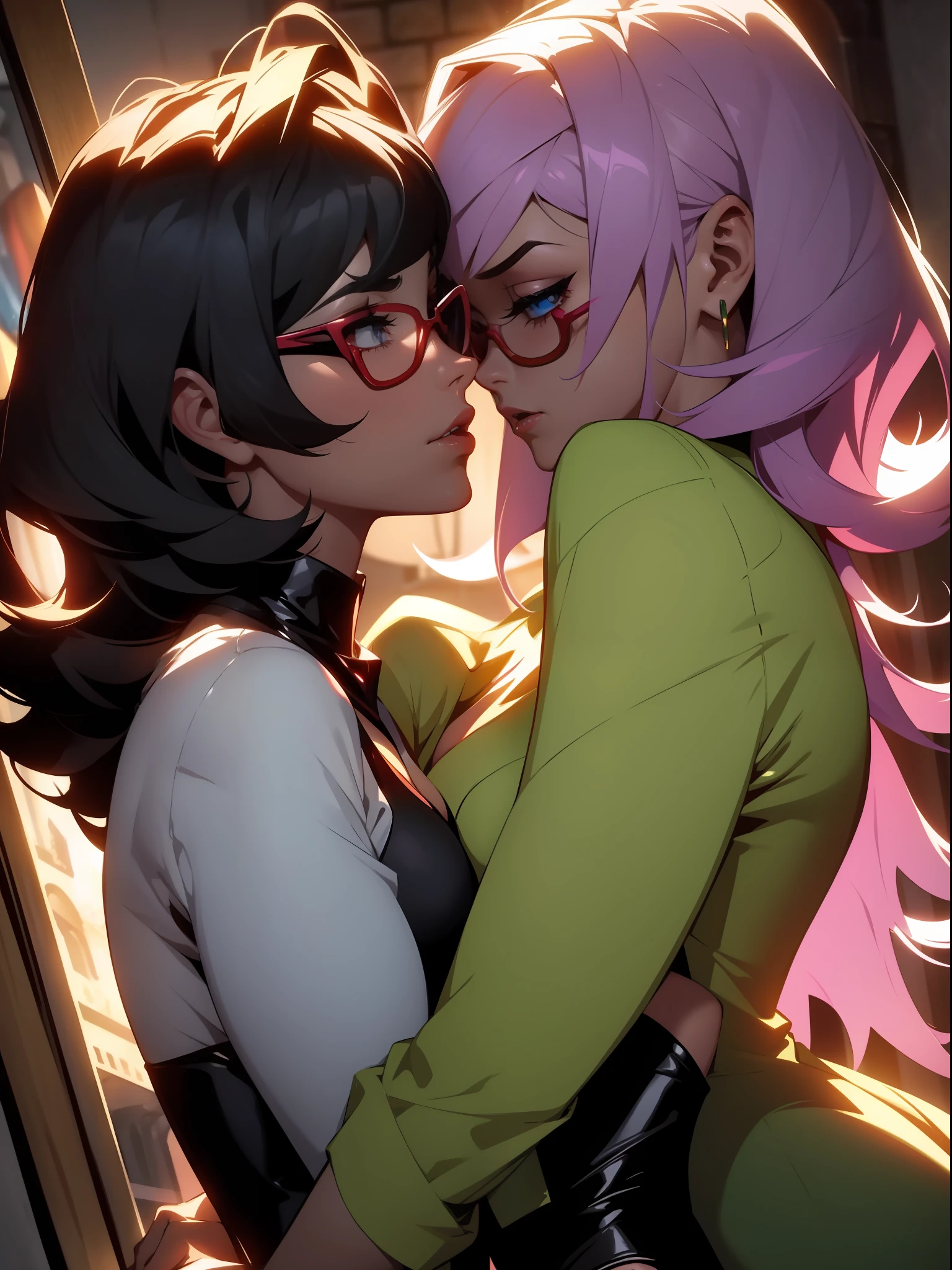 Velma and Daphne from the Scooby-Doo series kissing madly on the mouth, romantic lesbian scene