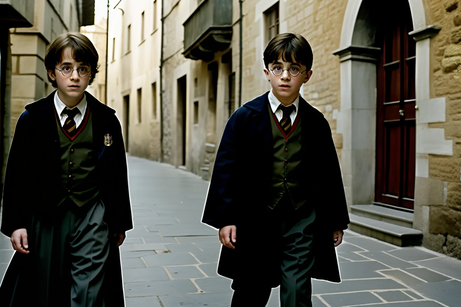 film still, scene solo Harry Potter played by an Italian child In Sicilian, wide angle, style by the godfather I movie