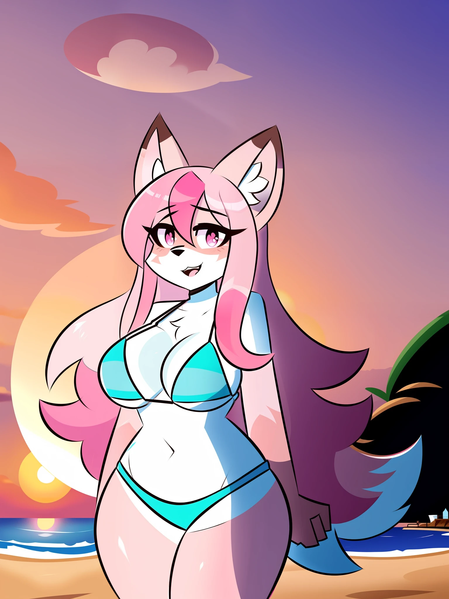 by kilinah, (coffeesoda:1.1), hioshiru, kilinah, furry, Nazuna hiwatashi, anthro, female, solo, full body, mocking look, blue bikini, pink hair, pink foxtail, long hair, sexy look, sensual, standing, alone, beach, sunset, cinematic lighting, detailed, masterpiece, big breasts, milf