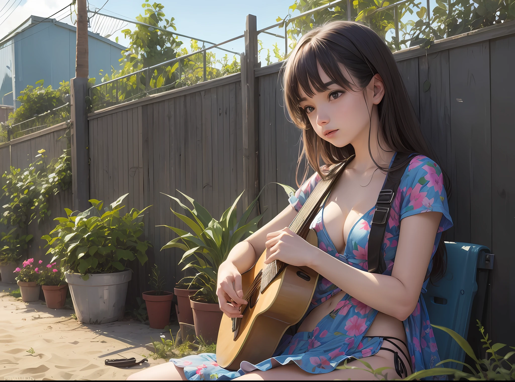 Girl playing guitar in bikini garden --auto --s2