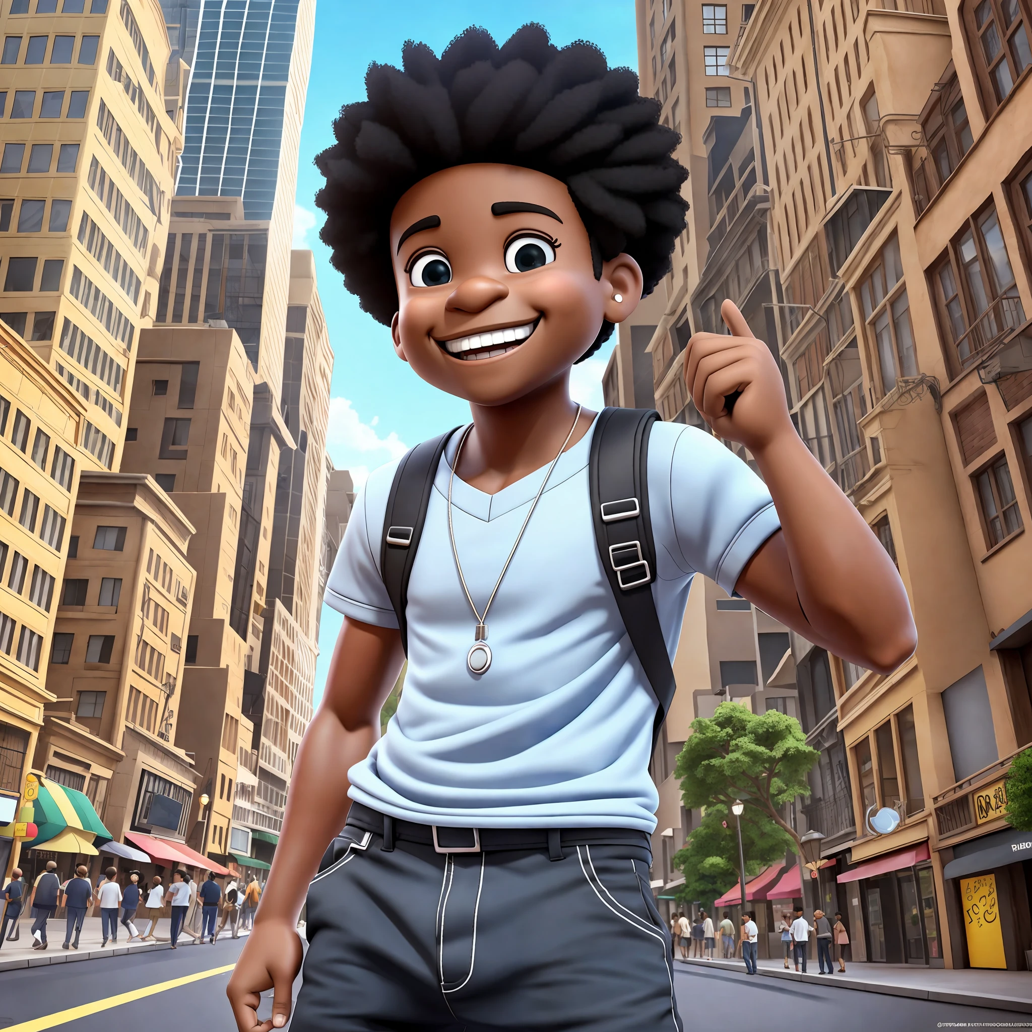 Chibi funny 3D cartoon character holding a microphone, on a city street, black boy, (detailed facial affections)((baby))), movie art, clean shot, ghailan!, as a pixar character, handsome young man, afro, grace and blessing, ((((cute smile)))), rendered in unreal, movie promotional image, 3D, rendered image --ar 9:16 --ar 2:3 --auto --s2