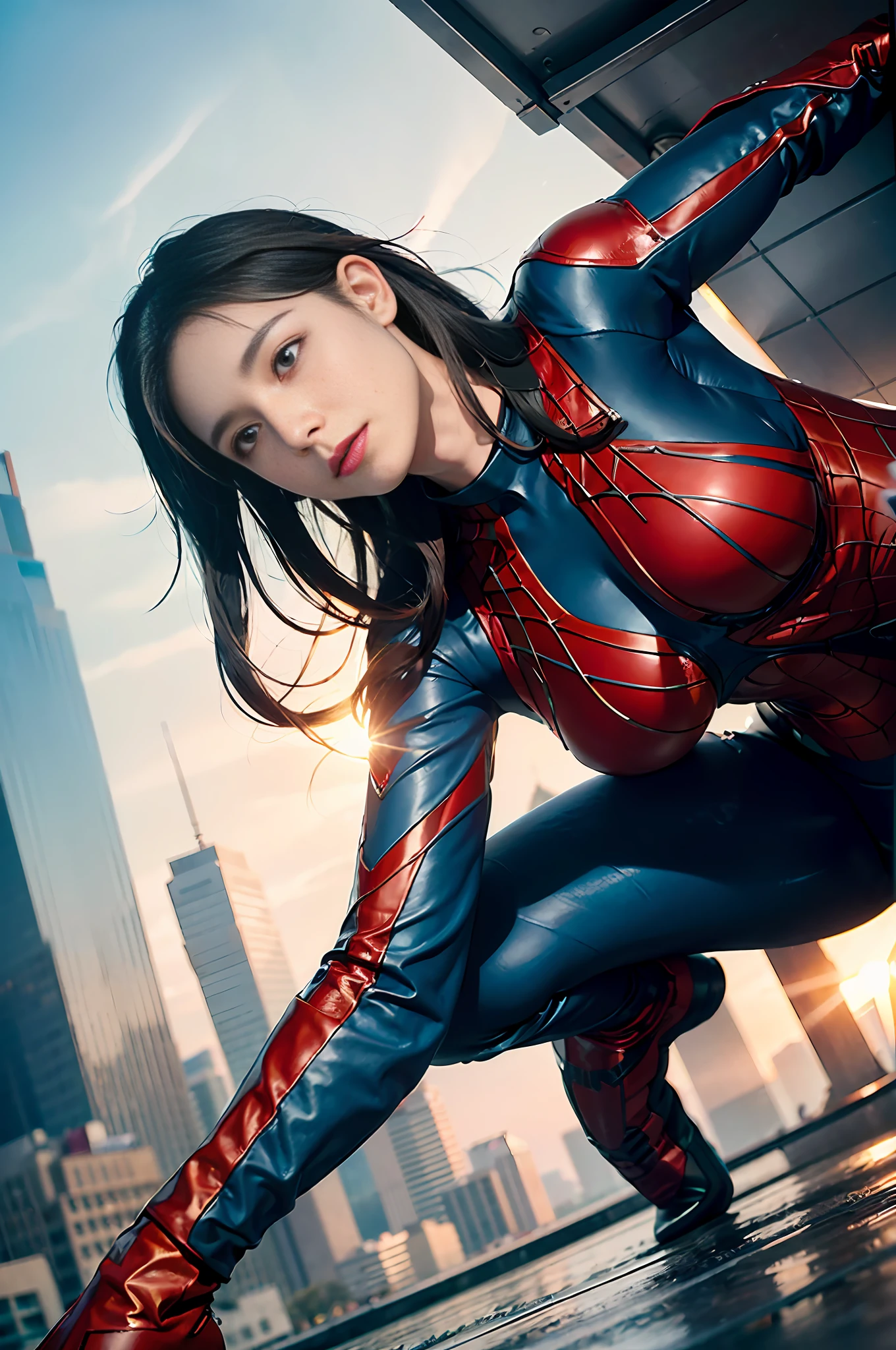 RAW, Masterpiece, Super Fine Photo,, Best Quality, Ultra High Resolution, Photorealistic, Sunlight, Full Body Portrait, Stunningly Beautiful, Dynamic Poses, Delicate Face, Vibrant Eyes, (Side View) , she is wearing a futuristic Iron Lady Spiderman costume, very detailed background, detailed face, detailed and complex busy background, messy, gorgeous, milky, high detailed skin, realistic skin details, visible pores, sharp focus, Volumetric fog, 8k uhd, dslr, high quality, film grain, fair skin, photorealism, lomography, sprawling metropolis in a futuristic dystopia, view from below, translucent