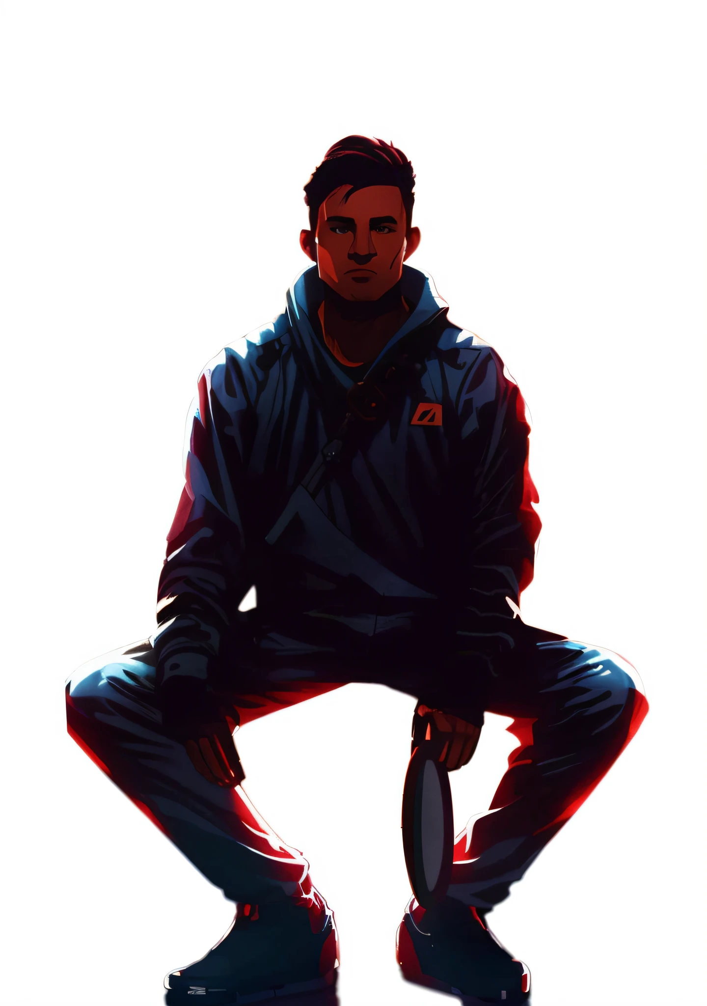 arafed image of a man sitting on a tennis ball, chappie in an adidas track suit, unknown artstyle, jett from valorant, 2d portrait, inspired by Ion Andreescu, official artwork, valorant character, official art, cyberpunk street goon, high quality portrait, nft portrait, grime, high quality fanart, wearing a tracksuit