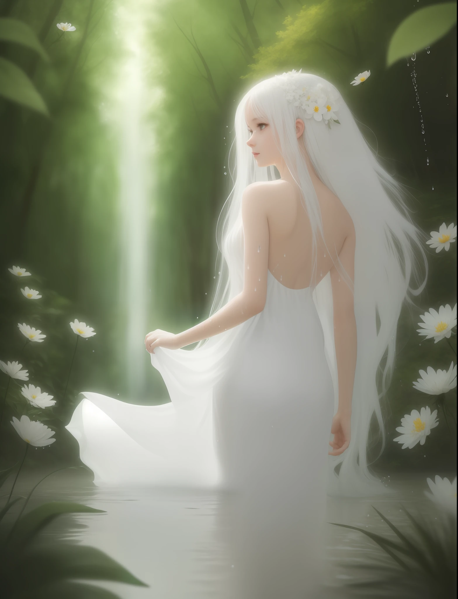 nudist, prepubescent, beautifully, full body,, masterpiece, best quality, ultra-detailed, 1girl, white hair, long hair, white dress, wet clothes, low angle, water spray, leaf, flowers, (forest:1.1), (droplets:1.1), grass, hair flower, wind