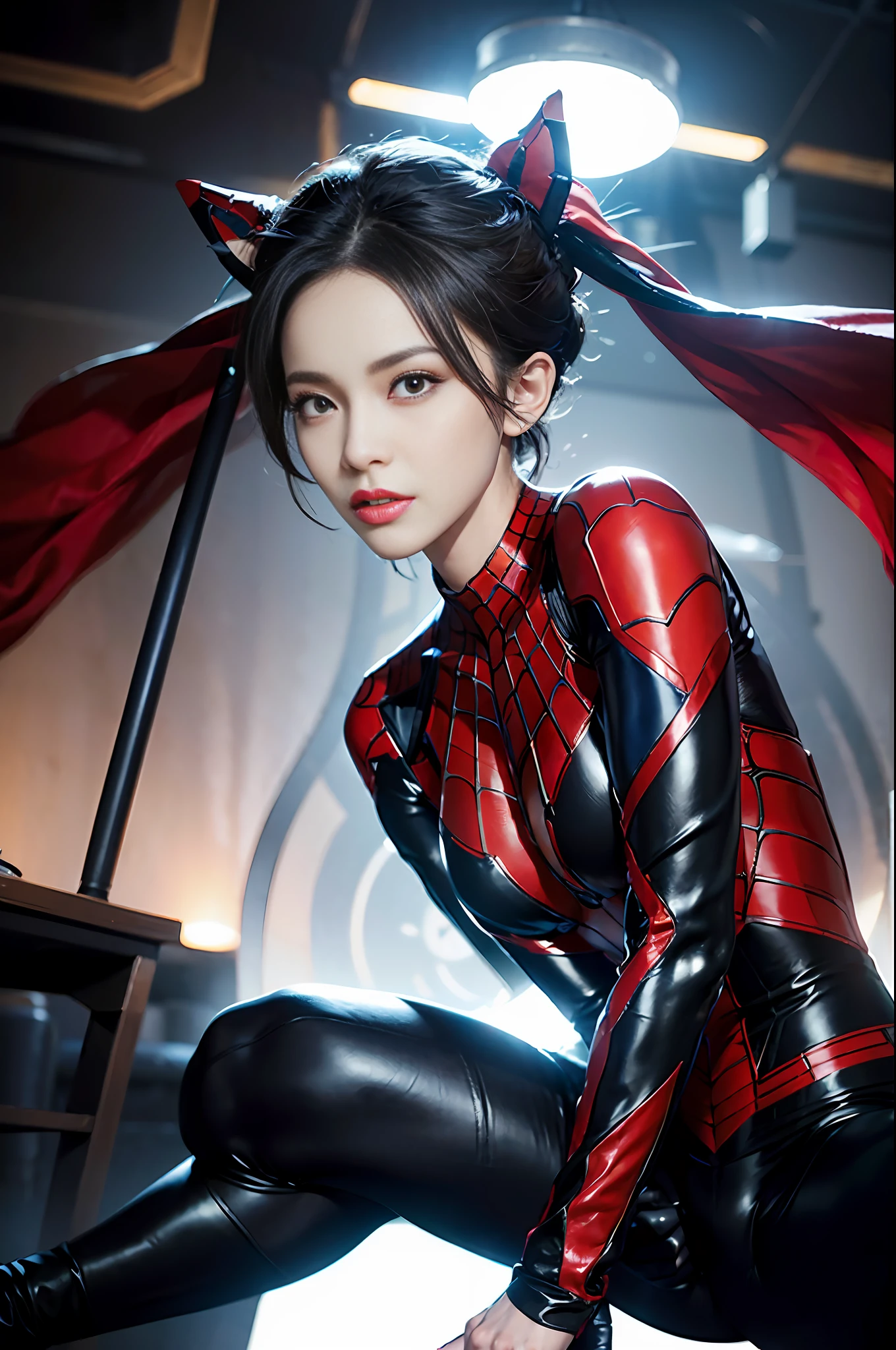 RAW, Masterpiece, Super Fine Photo,, Best Quality, Ultra High Resolution, Photorealistic, Sunlight, Full Body Portrait, Stunningly Beautiful, Dynamic Poses, Delicate Face, Vibrant Eyes, (Side View) , she is wearing a futuristic Iron Lady Spiderman costume, very detailed background, detailed face, detailed and complex busy background, messy, gorgeous, milky, high detailed skin, realistic skin details, visible pores, sharp focus, Volumetric fog, 8k uhd, dslr, high quality, film grain, fair skin, photorealism, lomography, sprawling metropolis in a futuristic dystopia, view from below, translucent