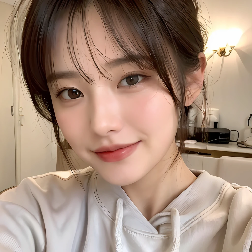 ((Top Quality, 8K, Masterpiece: 1.3)), Selfie, Focus: 1.2, Perfect Body Beauty: 1.4, Buttocks: 1.2, (Layered Haircut: 1.2)), (Sitting on Bed: 1.3), Sweatshirt: 1.1, Highly Detailed Face and Skin Texture, Delicate Eyes, Double Eyelids, Whitened Skin, Medium Hair Up to Clavicle, Bangs, (Round Face: 1.5), Smile
