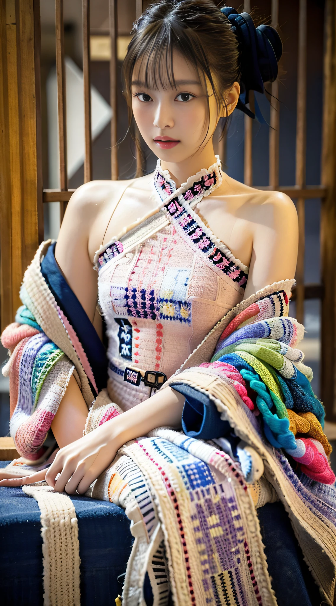 Masterpiece, High resolution, Ultra detailed, (1 girl), , fashion pose, hanfu, textile art, fiber treatment, woven design, hand posture correct, off-the-shoulder, knitwear, suspenders, details, fabric collage, quilting, embroidery, innovative technology, tactile creation