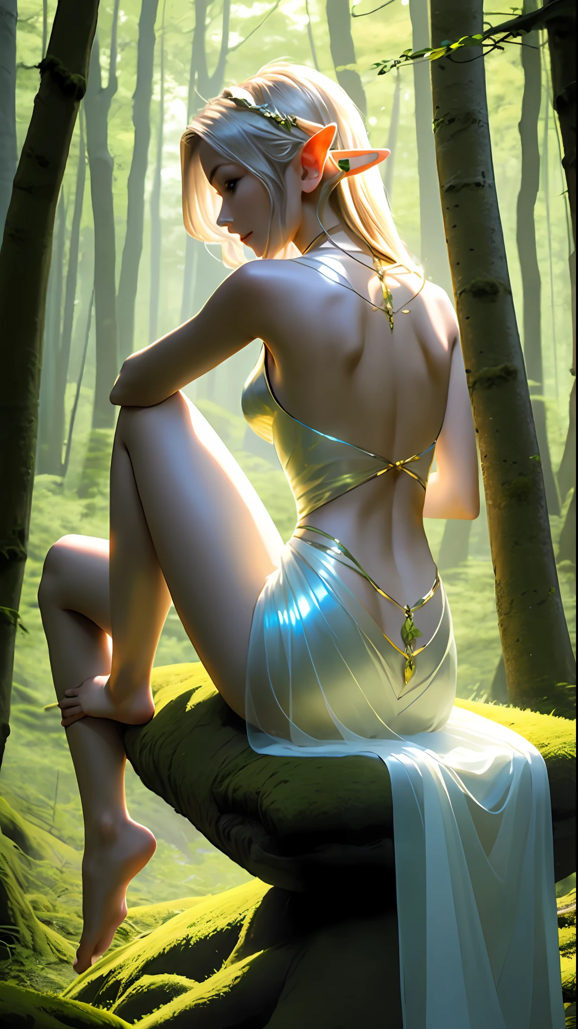 masterpiece, high resolution, realistic, beautiful elf in nature, slender, pretty, shy laugh, barefoot, back, sitting, shiny skin, smooth back line, hip line, shade of trees, glowing line