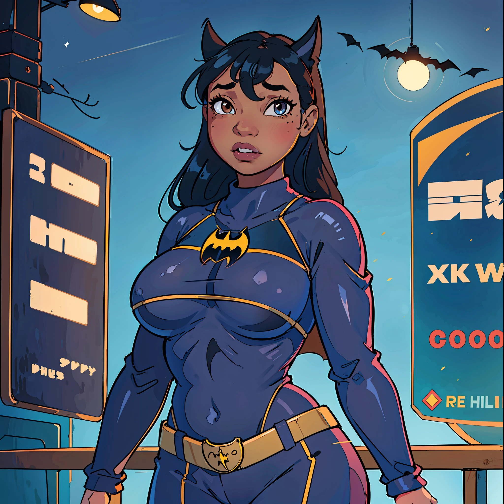 SeaArt Bot
Txt2Img
20:21:05
1girl, solo, breasts, dark_skin, dark-skinned_female, straight_hair, black_hair, hair between eyes, shiny, shiny_hair, lips, parted_lips, brown_eyes, huge_natural_breasts, eyelashes, big_lips, very_long_hair, mole, mole on chest, very dark-skinned female, short woman, age up, chubby female, chubby girl, highly detailed, clear focus, chubby, chubby woman, high quality, best quality, 8k, happy, latin girl, batgirl cosplay, batwoman cosplay, batman cosplay, full batgirl suit, full batman suit, full body, night, night scene, layer, dark blue clothes, very dark blue suit, comic style