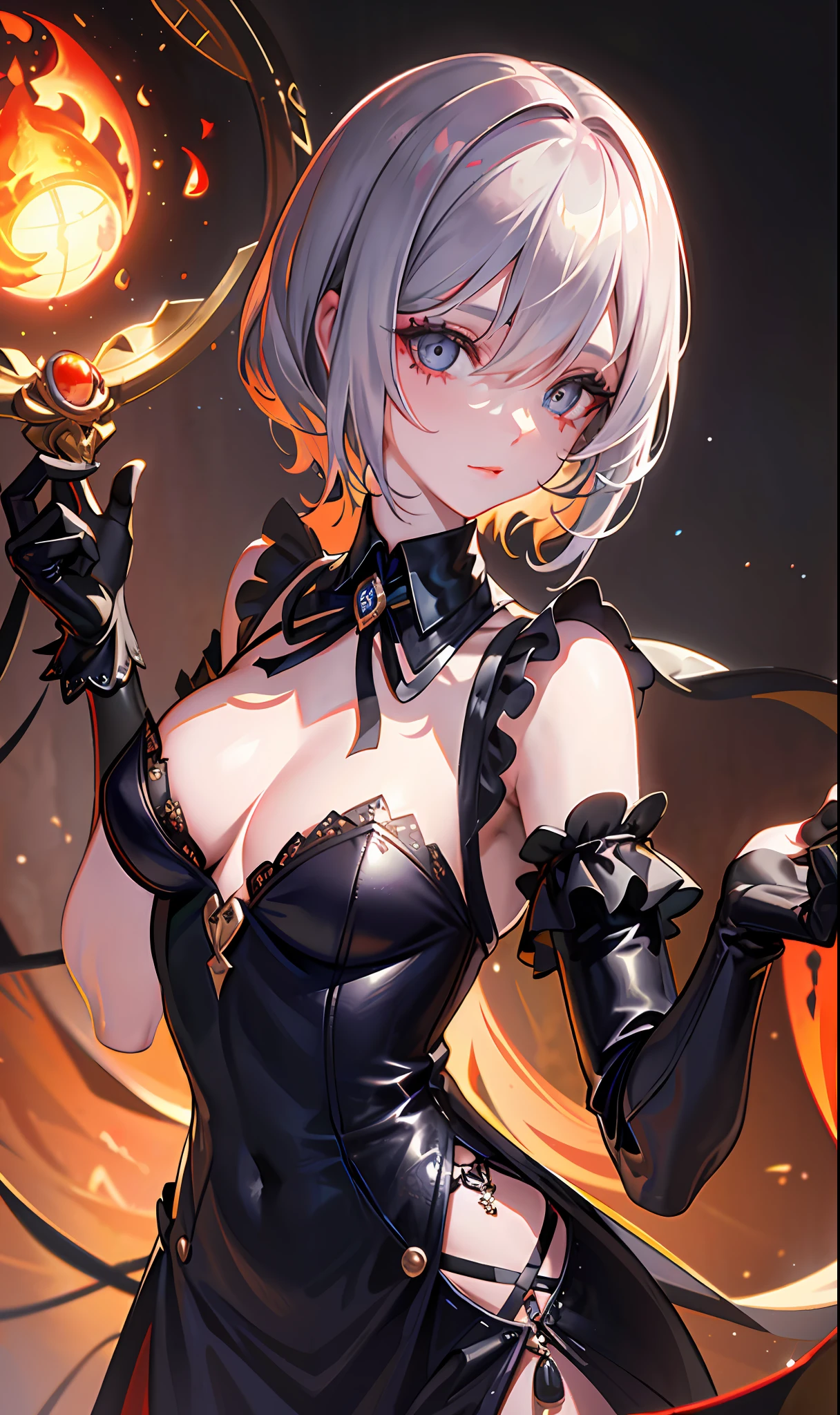 (masterpiece, sidelighting, finely detailed beautiful eyes: 1.2), (masterpiece*portrait), portrait, (bust), realistic, 3d face, lusious skin, ((solo)), (close-up of face), (fire opal-like one-eyed), (prosthetic eye made of obsidian), hanging eye angle, ((High detail skin, visible pores)), (Perfect figure), a beautiful steampunk girl, small breasts, ((Gothic style dress)), (Ribbon collar), (short gloves as short as half a palm)