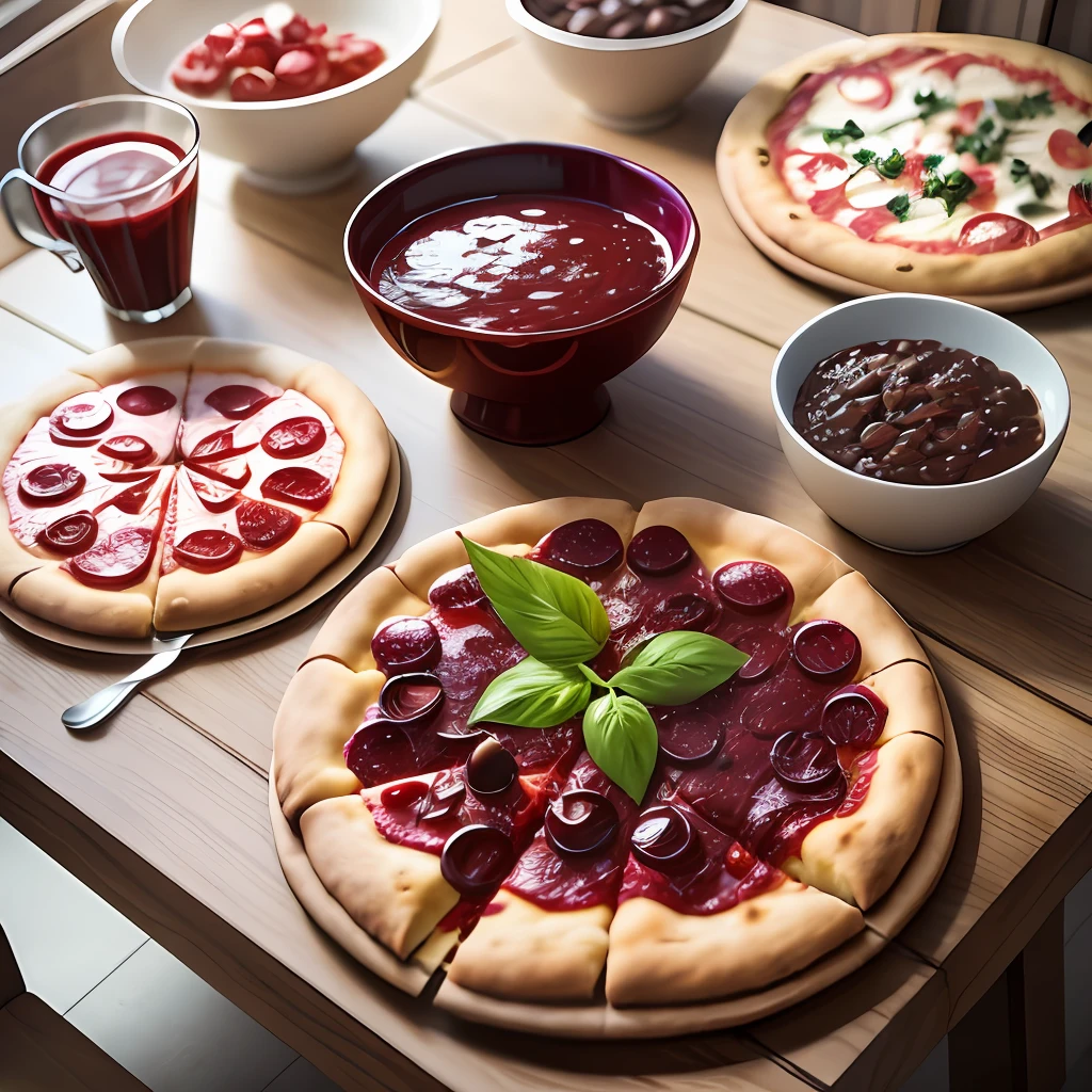 A table with a bowl full of açaí and a large size pizza.