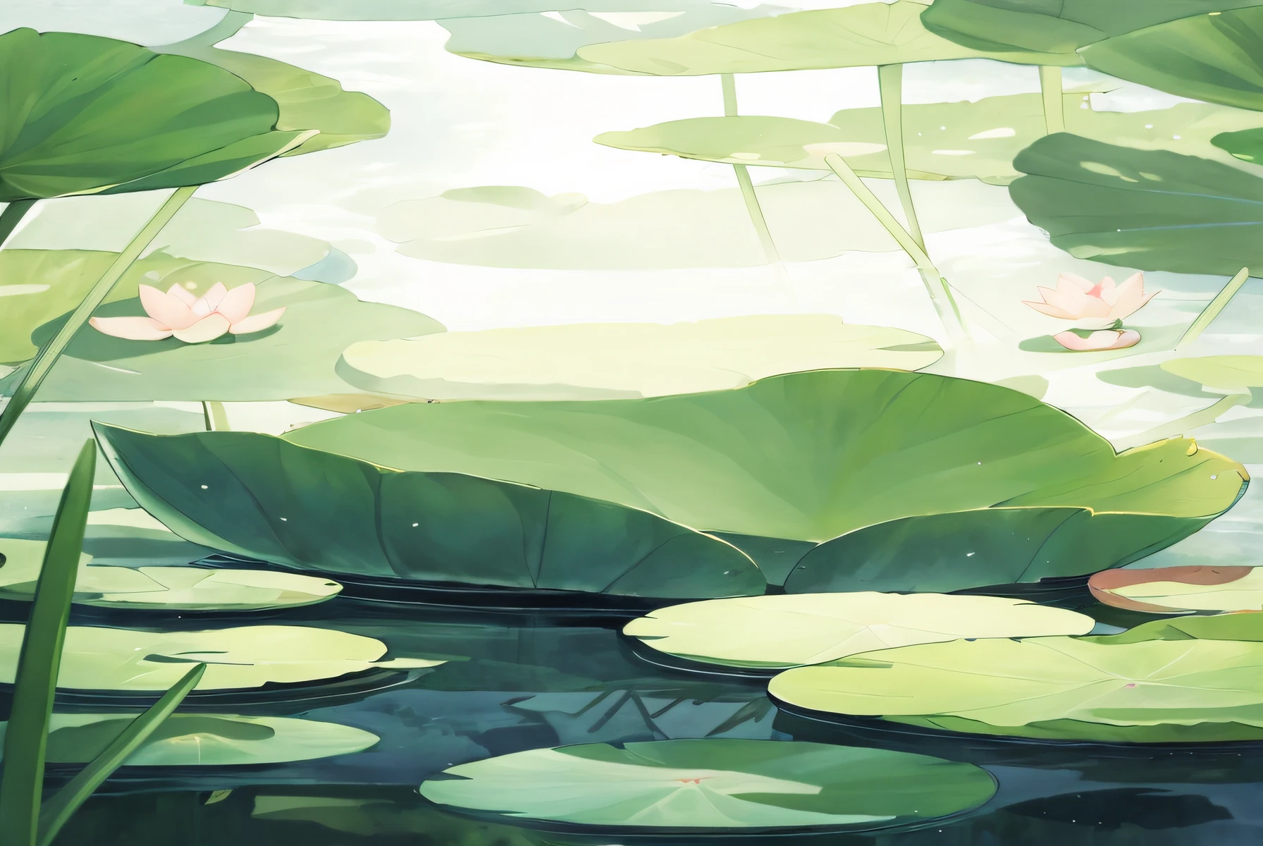 There is a pond painting with water lily mat and water lily, anime background art, lotus pond, anime background, tranquil illustration, green water lily mat, water lily mat, anime nature, background art, water lily mat, anime nature wallpaper, anime lush john 8k forest, anime art wallpaper 8 K, anime art wallpaper 4 K