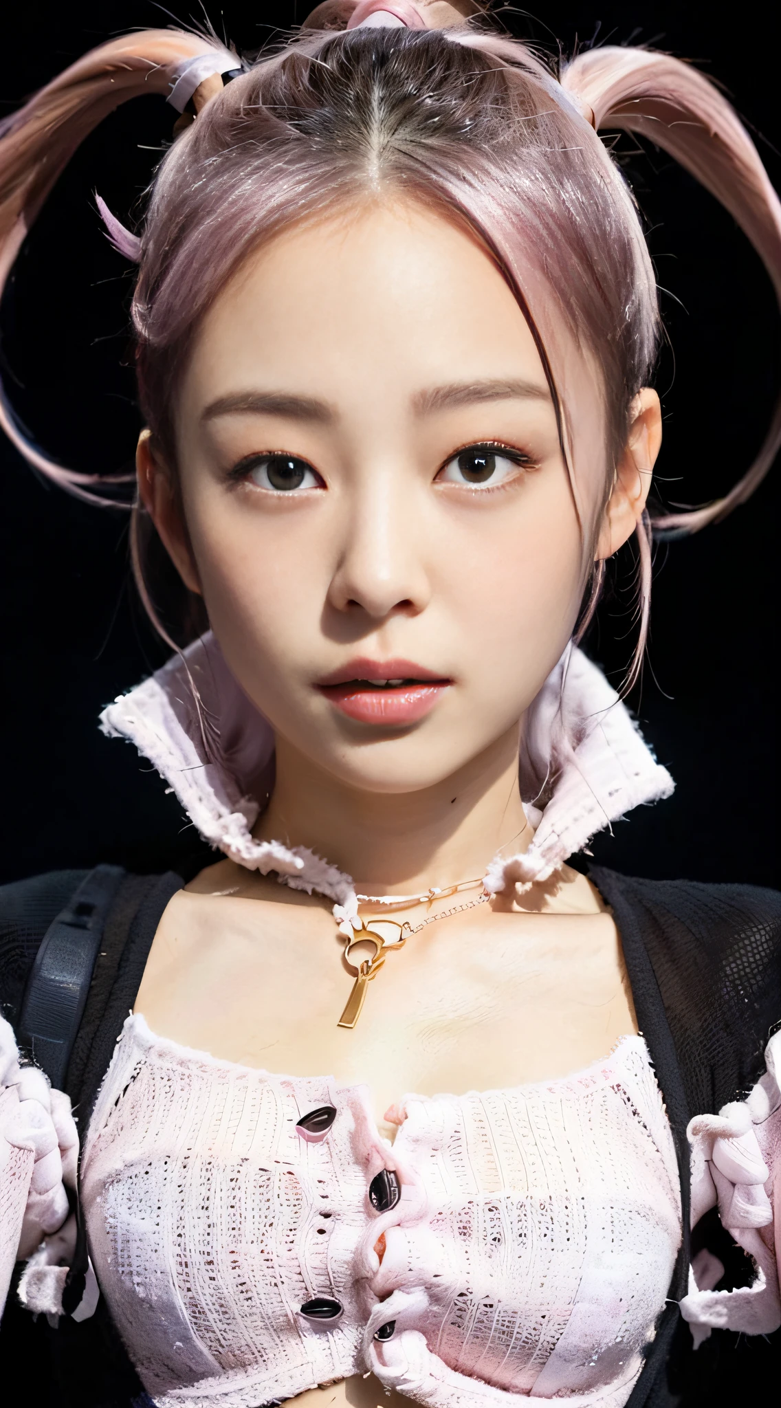 (1girl:1.3), solo, __body-parts__, Kim Ji-ni Jennie face, black background, photography, high contrast, high resolution, HD face shape, full body photo, front face, pink hair, world-weary face, high cold expression, white sweater, white shorts, cleavage, fair skin, 16k