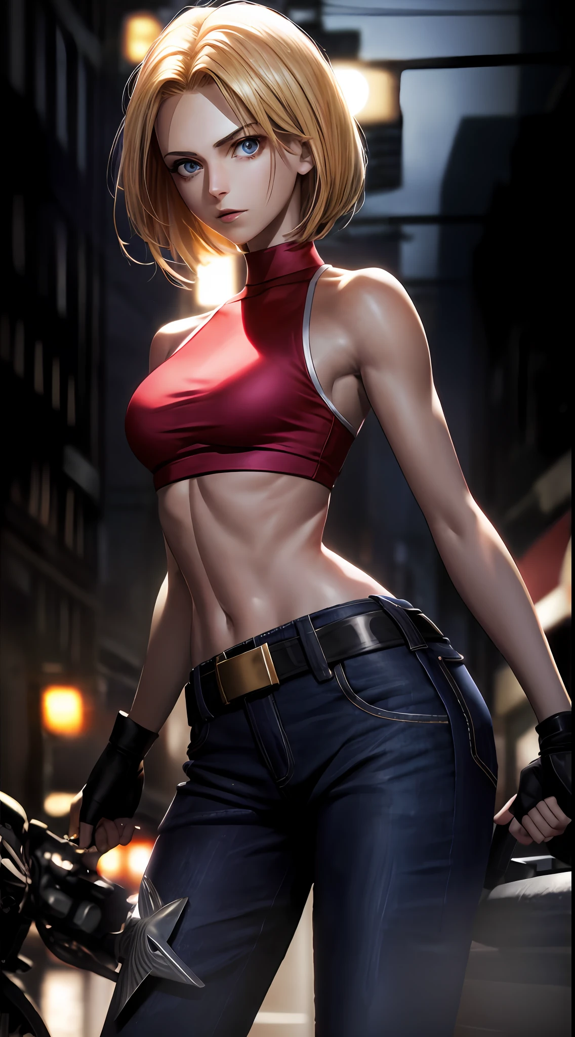Thunderbolt, Maryms Works, Best Picture Quality, Big Eyes, Small Breasts, Thin Waist, Night, Brightened Skin, Puffy Eyes, Firm Expression, Red Top, Jeans, Facing the Audience, Street Background, Daytime, Backlight.