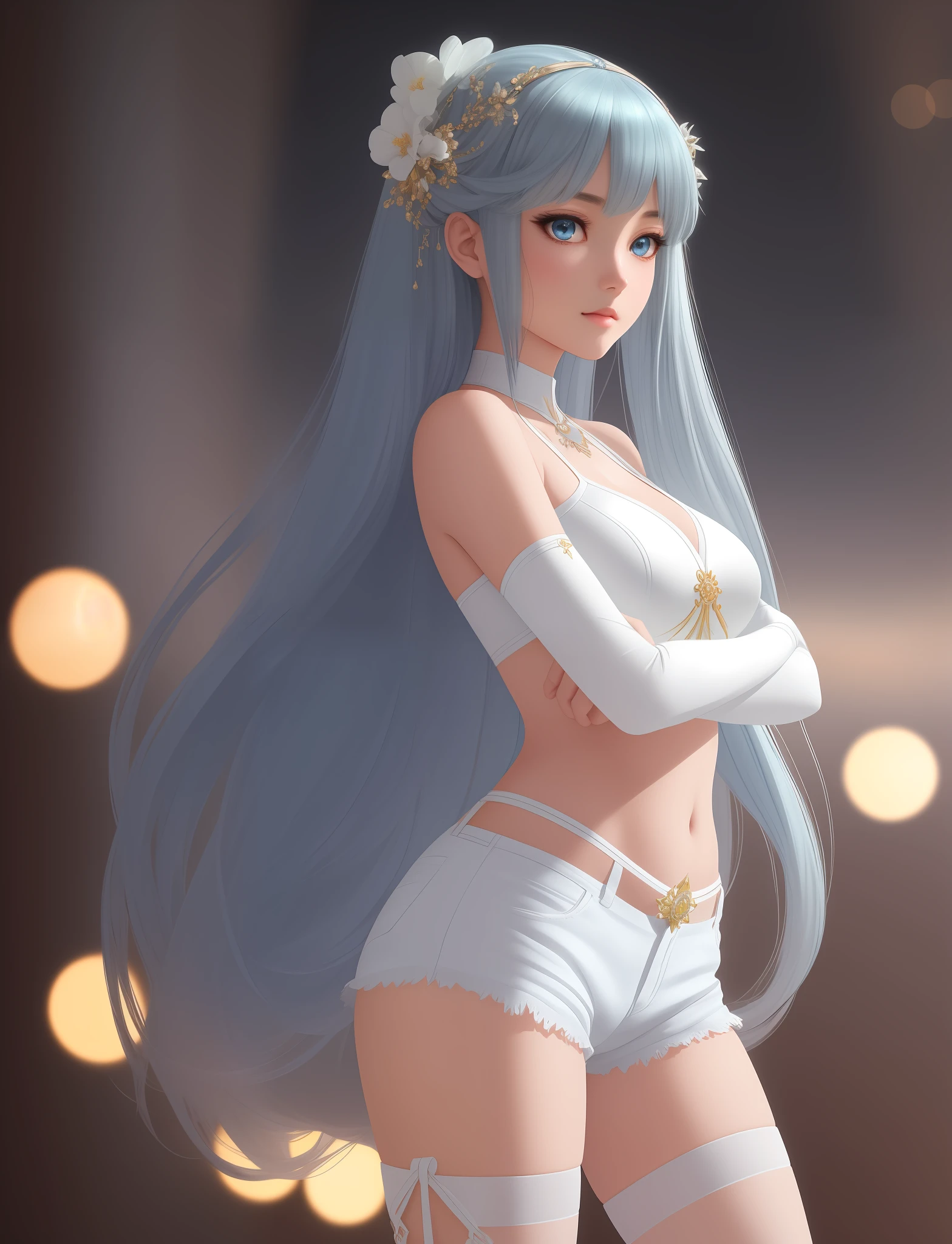 prepubescent, beautifully, full body,, (masterpiece, best quality, ultra-detailed, highres), (sidelighting, lustrous skin), (bloom), (shine), lighting, bokeh, ray tracing, long hair, blue hair, braid hair ornament, cutout, chinese clothes , silver eyes , hair ovrealistic, volumetric lighting, unreal engine, beautiful curvaceous anime woman, beautiful eyes, perfect anatomy, cute clothes, princess eyes, color eyes, hair accessories, Centered image, stylized skeletal legs, well-balanced skeletal legs, ((White denim shorts)), garter belt, humble pelvis, bioluminescence, 8 life size,32k Resolution, white short maid outfit, knee socks, human hands, Masterpiece, stage, wonderfull, elegant, approaching perfection, dynamic, highly detailed, character sheet, artstation, concept art, smooth, Beautiful anime, trending on artstation, facing directly at the viewer positioned so that their body is symmetrical and balanced, stunningly beautiful anime teenage girl, detailed hairstyle, {{full bo