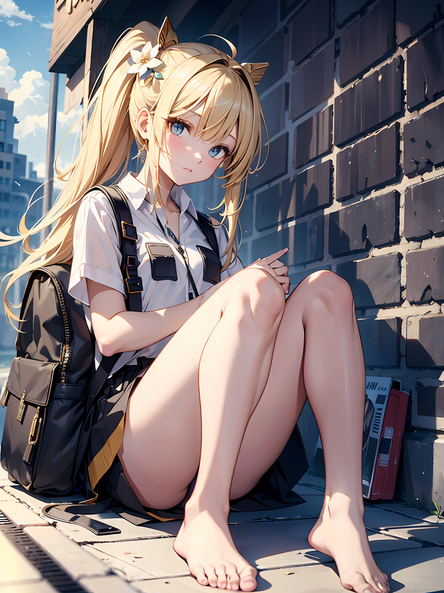 (8k, best quality, masterpiece: 1, 2), top quality, masterpiece, no inner inside, blonde hair, long hair, bangs, large ponytail, golden pupils, golden eyes, six-winged angel wings, head ring, white head flower, casual wear, black backpack strap, neck strap, bare foot, bare foot, leg ring, flat chest, tomboy, exposed
