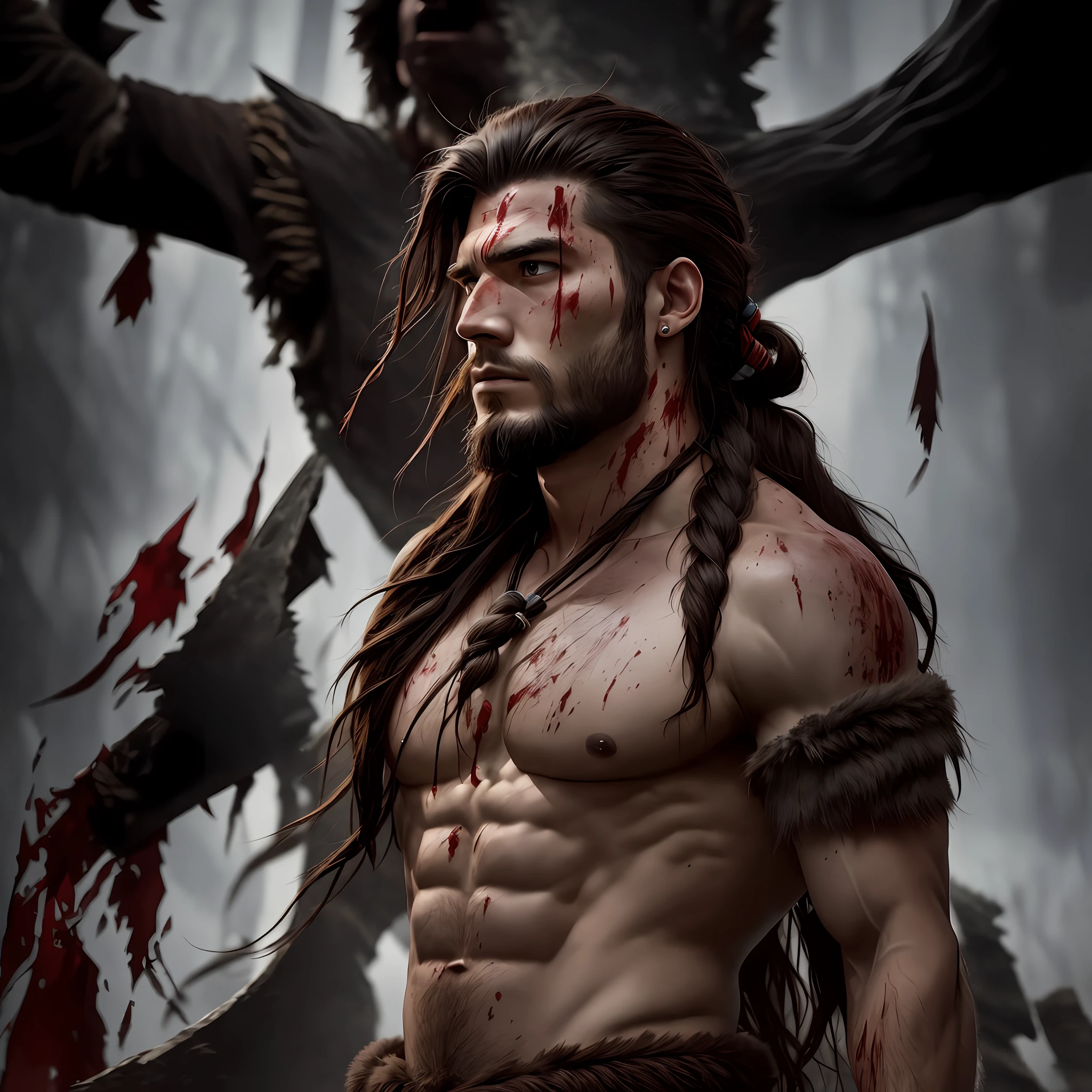 25-year-old man, bear skin over his shoulders, look of fury, long hair tied up, blood all over his barbaric body, youthful face. --auto --s2