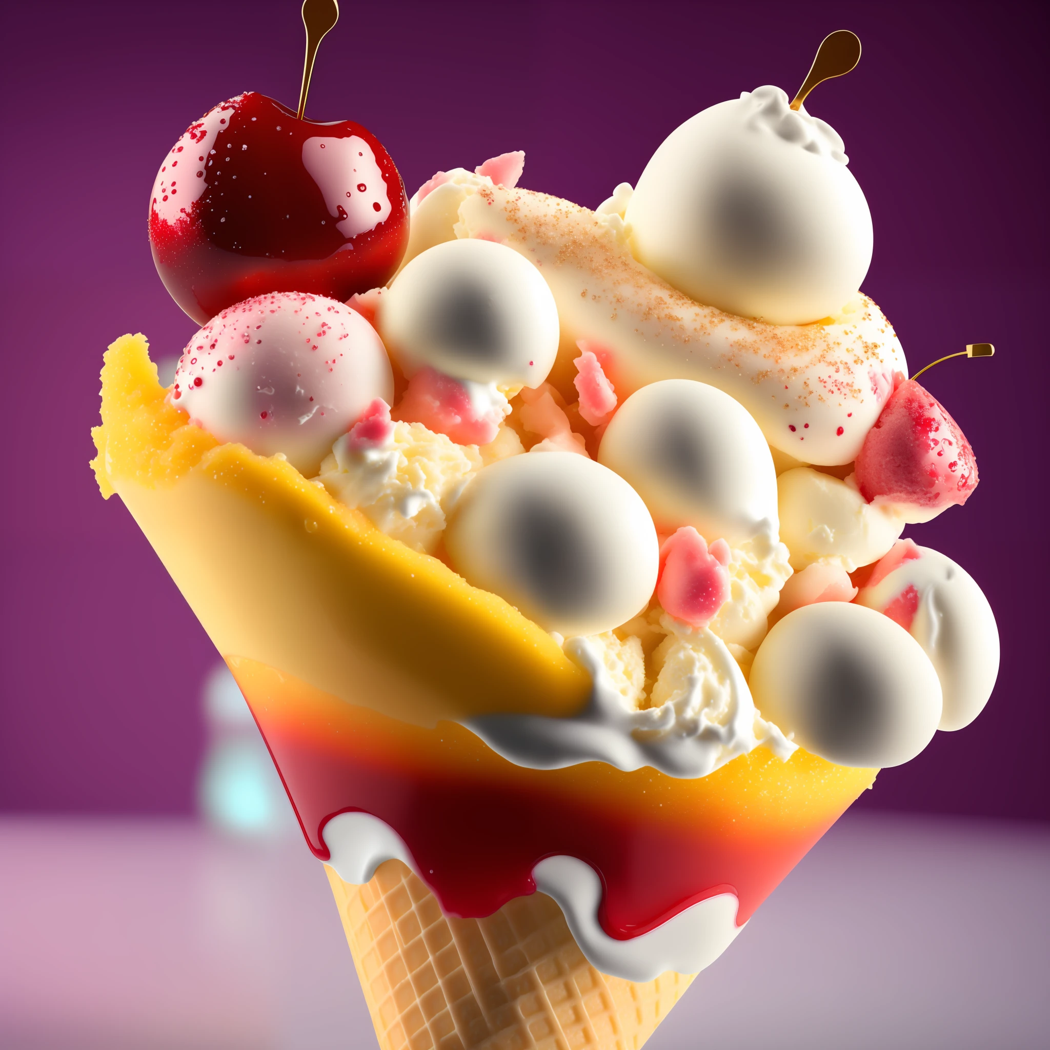 Ice cream sundae, delicious, sparkling, cherry, marshmallow, very detailed, octane rendered