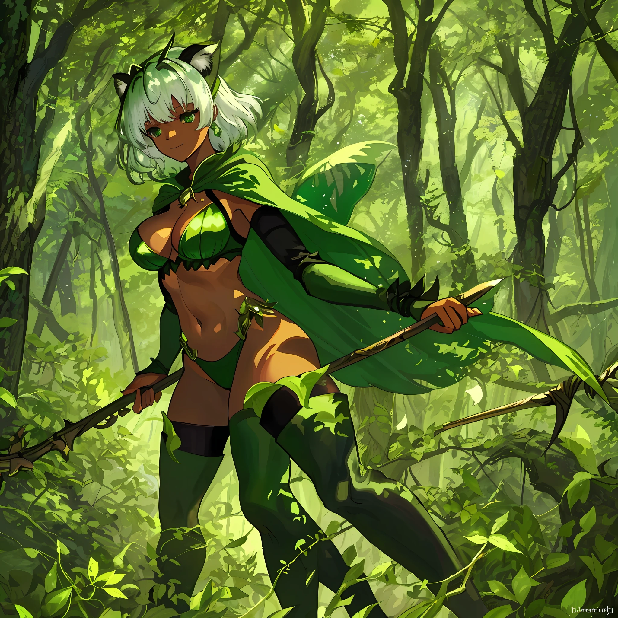 fantasy, 1forest_elemental_girl, fighting, (using_leaves_clothes, green_leaves_covered_breasts, leaves_covered_pussy)+++,medium_breasts,dynamic_pose_standing, light_smile, sleepy, medium_hair, navel,(dark_skin)+, oil, (winding_vine_around_torso)++, plump,forest, trees_background, leaves_headgear, green_leaves_cape, hold_large_long_staff, thighhighs,
