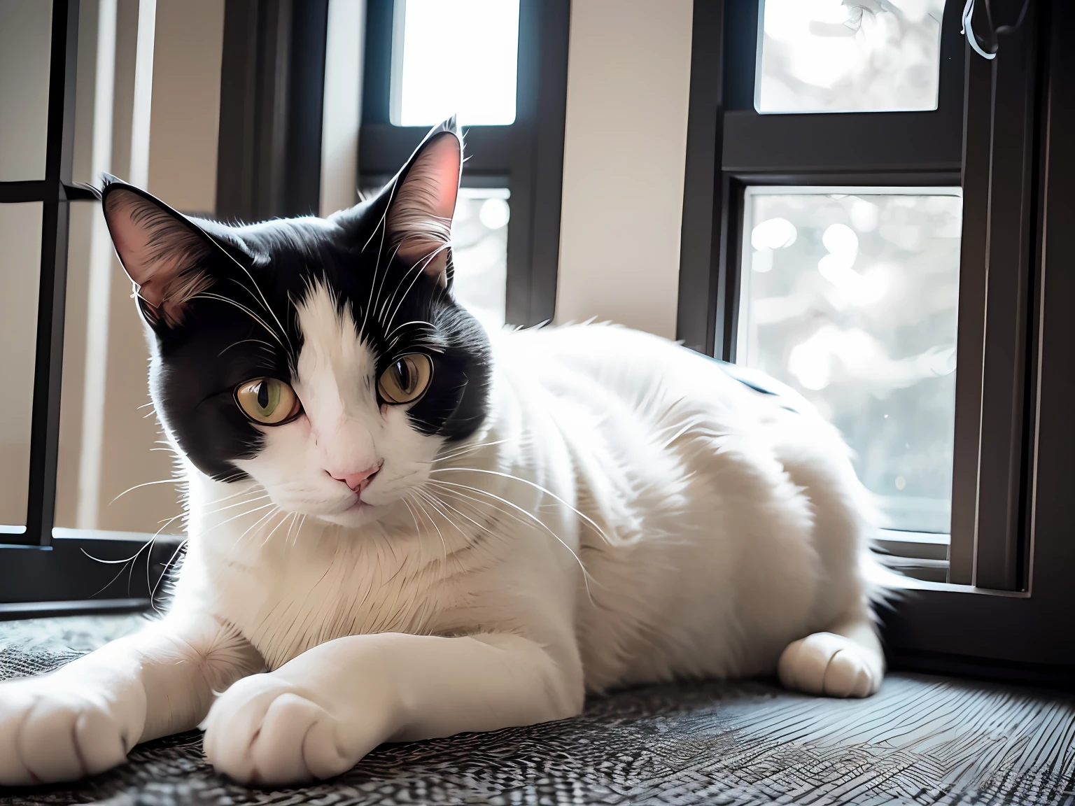 A black and white cat is lying on a sunny windowsill, staring out with a dreamy expression on his face. His fur is soft and shiny, and his paws are stretched forward, as if he's getting ready to get up and explore the world outside.