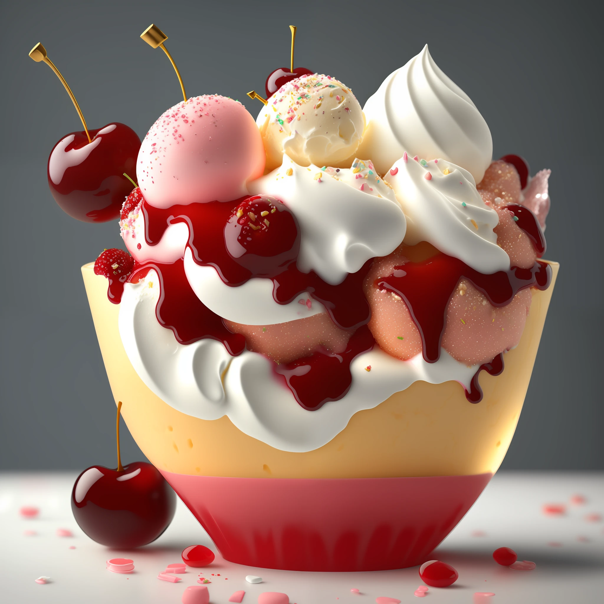 Ice cream sundae, delicious, sparkling, cherry, marshmallow, very detailed, octane rendered