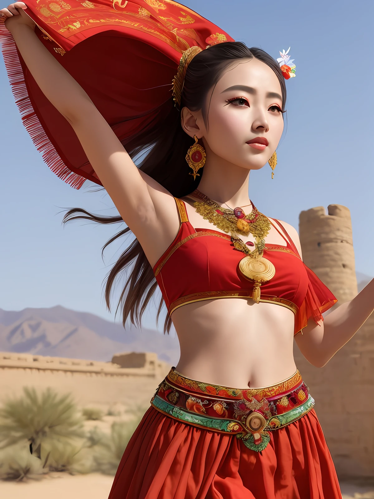 (8k, RAW photo, best quality, masterpiece:1.2), (realistic, photo-realistic:1.4), (extremely detailed CG unity 8k wallpaper), (1 girl:1.5), Western beauty, (Red clothes: 1.4), red spots on forehead, pale skin, blush, big eyes, full body, thighs, open navel, gold waist chain, gold jewelry, flying ribbons, particles, background is Loulan ancient city, ancient city wall, desert, dance, dunhuang_dress, dunhuang_style,