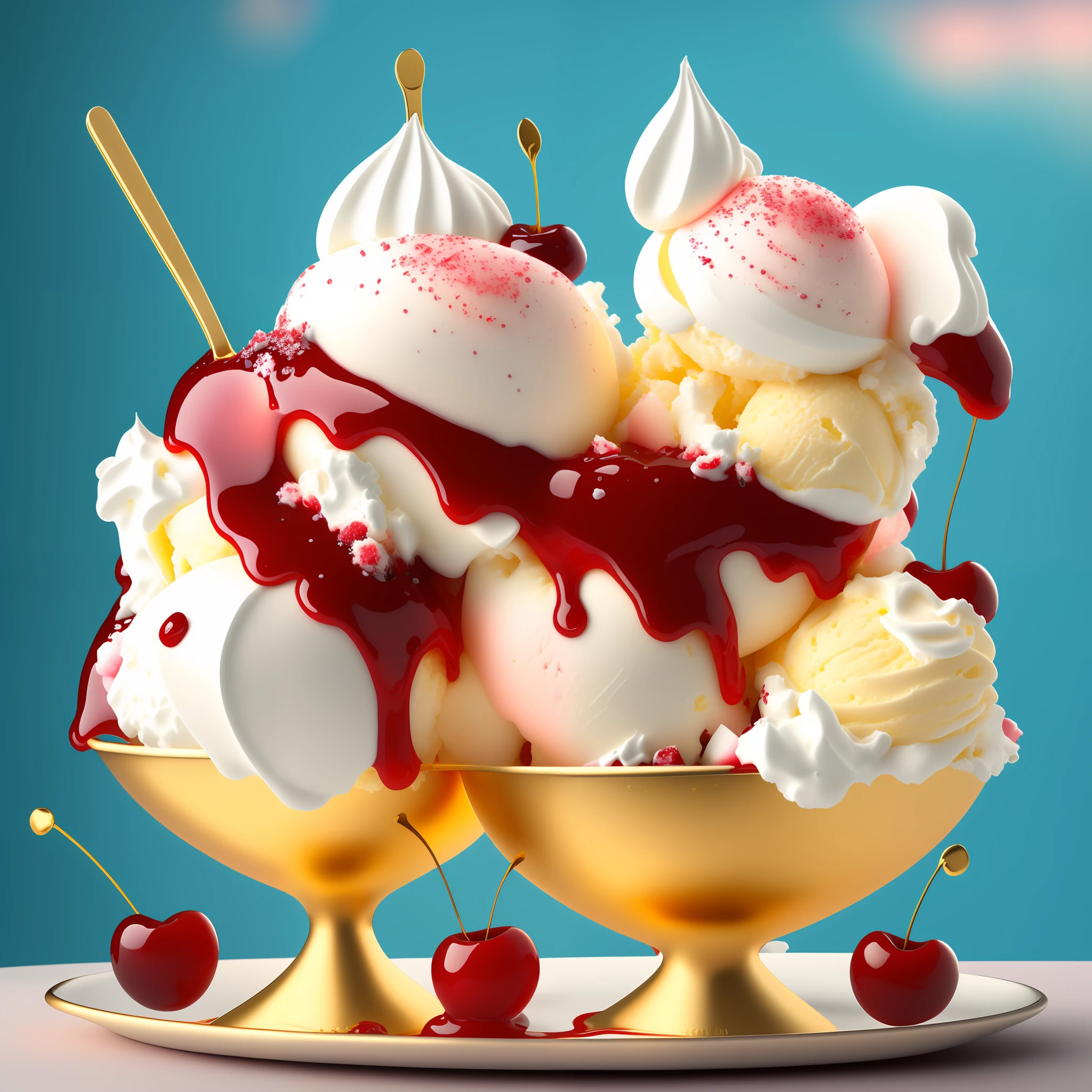 Ice cream sundae, delicious, sparkling, cherry, marshmallow, very detailed, octane rendered