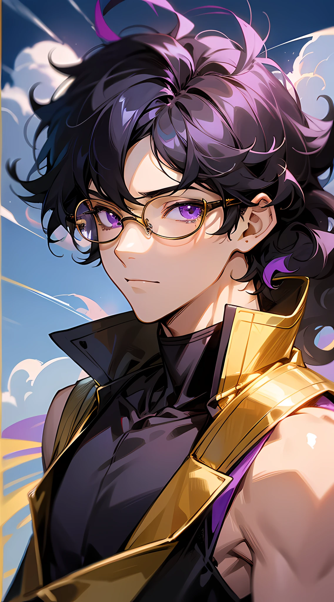 8k high definition, boy, meino , black skin, anime, light, purple eyes, black hair with gold, curly, sleeveless blouse, full size, shot hair, solo, male, focus, backgroud beach, cloud, eyeglasses wallpaper. --auto --s2