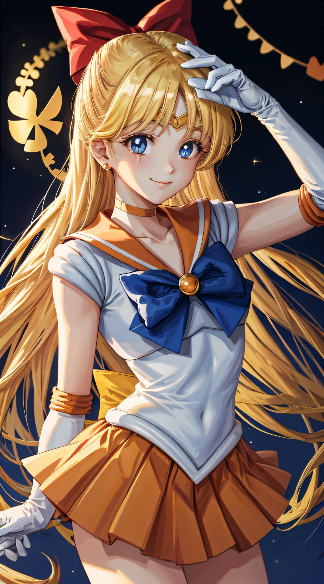 masterpiece, best quality, highres, venus1, 1girl, solo, sailor senshi uniform, sailor venus, aino minako, blonde hair, magical girl, blue eyes, orange skirt, elbow gloves, tiara, pleated skirt, hair bow, orange sailor collar, miniskirt, choker, red bow, orange choker, white gloves, very long hair,  jewelry,  earrings, cowboy shot, smile,