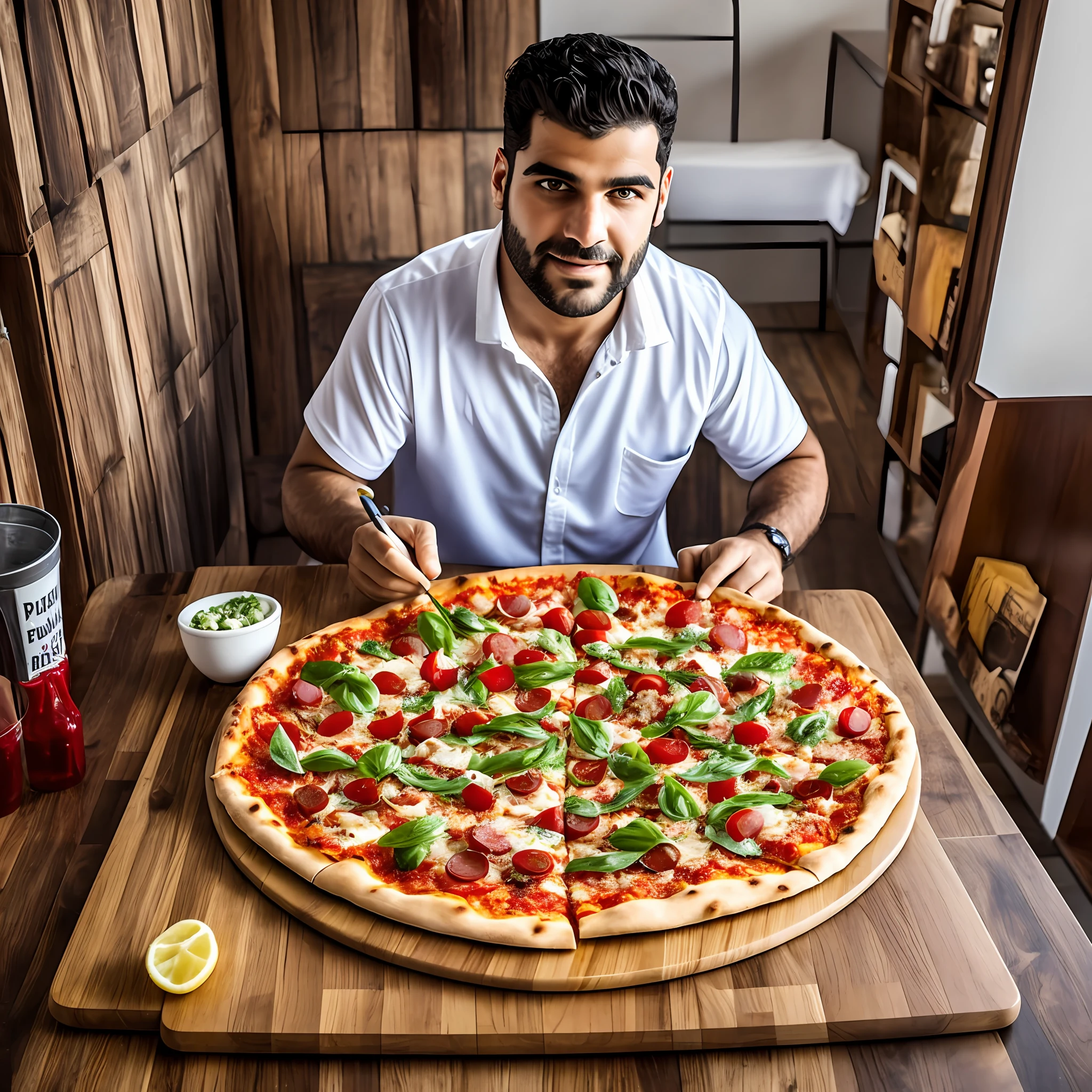 Portuguese family-size pizza on top of a board, realistic environment