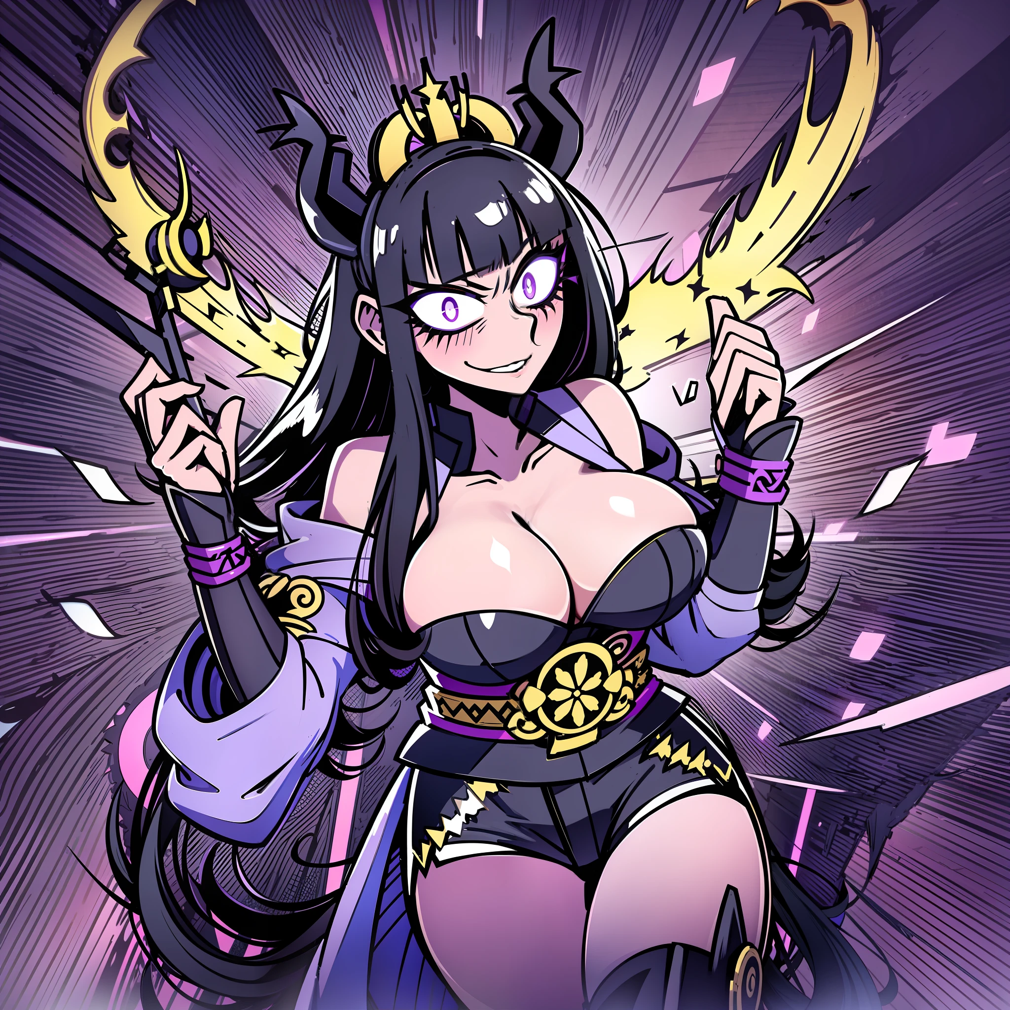 black hair, tall woman, very large with a long black hair, a black kimono with a blue circle made of stars to the left of the chest, two purple eyes with cat pupils that glow in the darkness, a metallic scorpion tail with a large stinger at the end, long black shorts that go up to the knee, light purple high boots and two black deer antlers on the head