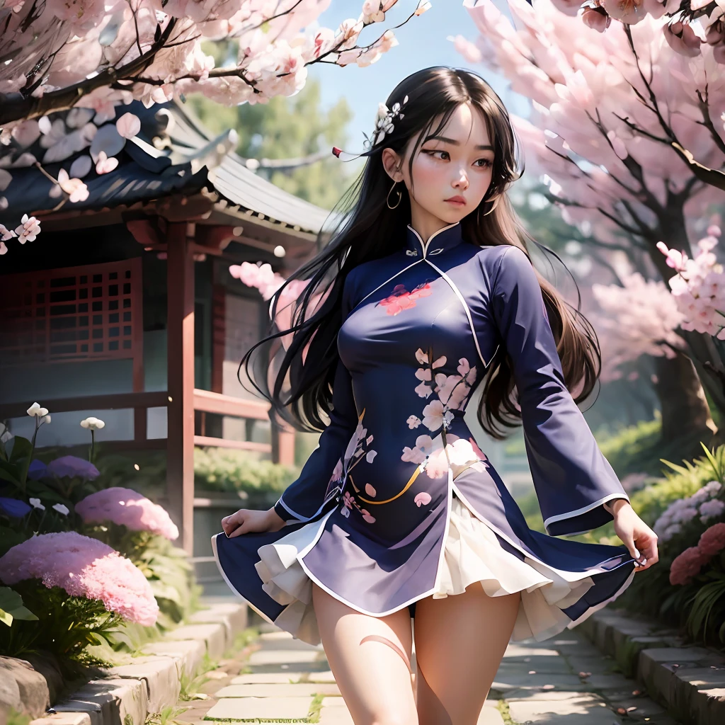 /FS,full body,perfect japanise hafu masterpiece,miniature graceful perfect body,best face,big brown eyes and fluffy eyelashes, small standing breasts,smooth graceful legs and arms,best anatomy,best legs,best hands,long highlighted hair like rapunzel, high resolution,clear focus,intricate details, cherry blossom garden background,clothes sexy qipao dress in navy blue with cherry blossom blossom patterns with deep cutouts on the sides, visible white tight-fitting feminine charms panties, skin pores, shiny perfect skin, natural skintone, on the girl's feet graceful dark blue shoes with high heels more than 10 centimeters, beautiful sexy full-length pose, photorealistic, tranding on artstantion, best light, cinematic colorgrade, image highly artistic, shot in the style of Jose Villa, artfine, 8k UHD aspect ratio 1: 1 --auto --s2