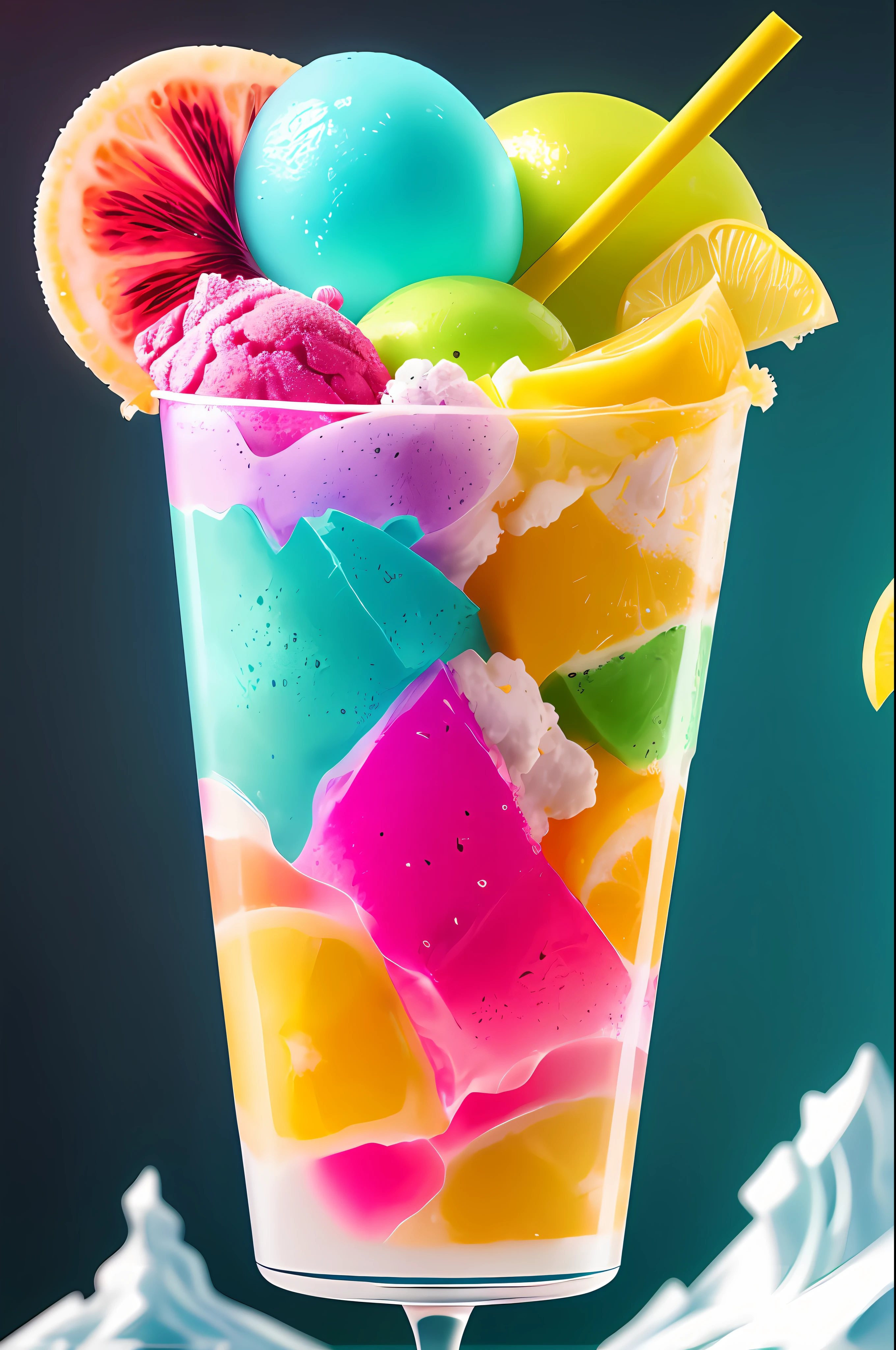 there is a glass of ice cream with fruit and a lemon slice, colorful coctail, colorful hd picure, details and vivid colors, realistic colorful photography, colorful high contrast, colourful close up shot, colorful high contrast hd, cinema 4d colorful render, vibrant realistic colors, vibrant composition and color, colorful hyperrealism, photorealistic colors, colorful colors