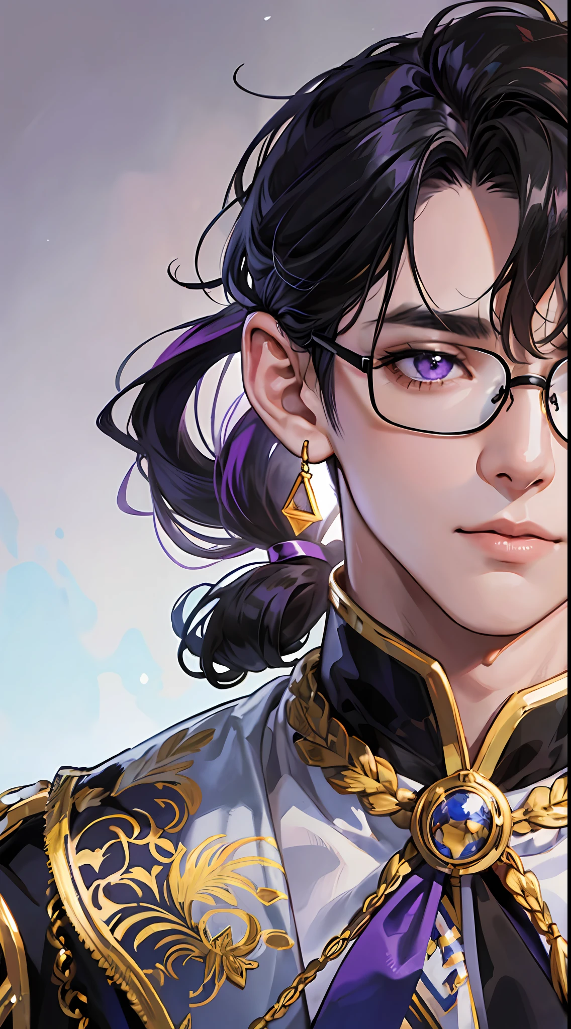8k high definition, boy, meino teen, anime, light, purple eyes, innocent look, black hair with gold, tied hair, ponytail, blouse, full size, shot hair, solo, male, focus, eyeglasses wallpaper. --auto --s2