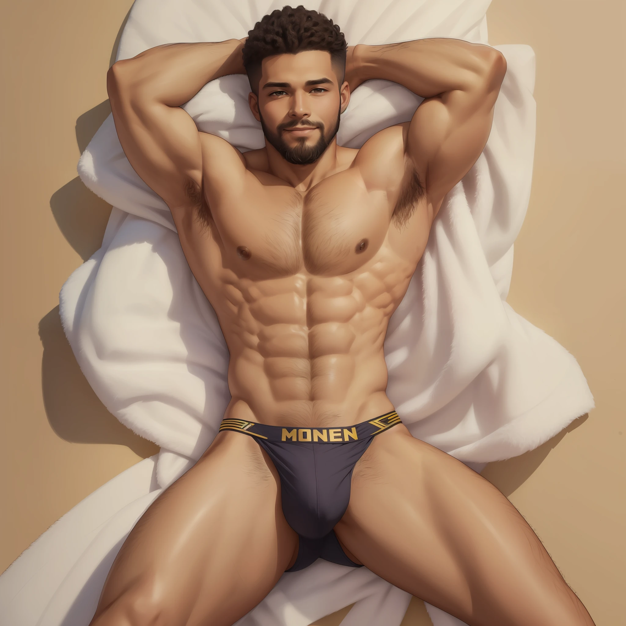 ((Top Quality, 8k, Masterpiece: 2), fit  boy shirtless, big in transparant white briefs, hairy chest::1.7, crew cut, top view(Male Focus), armpit, masculine shape, masculine, rough, raised , sexy, correct anatomy::, beard::1.5 honey-colored eyes::1.8 , photorealistc, model, Full Body, almost naked, smiling, african --auto --s2