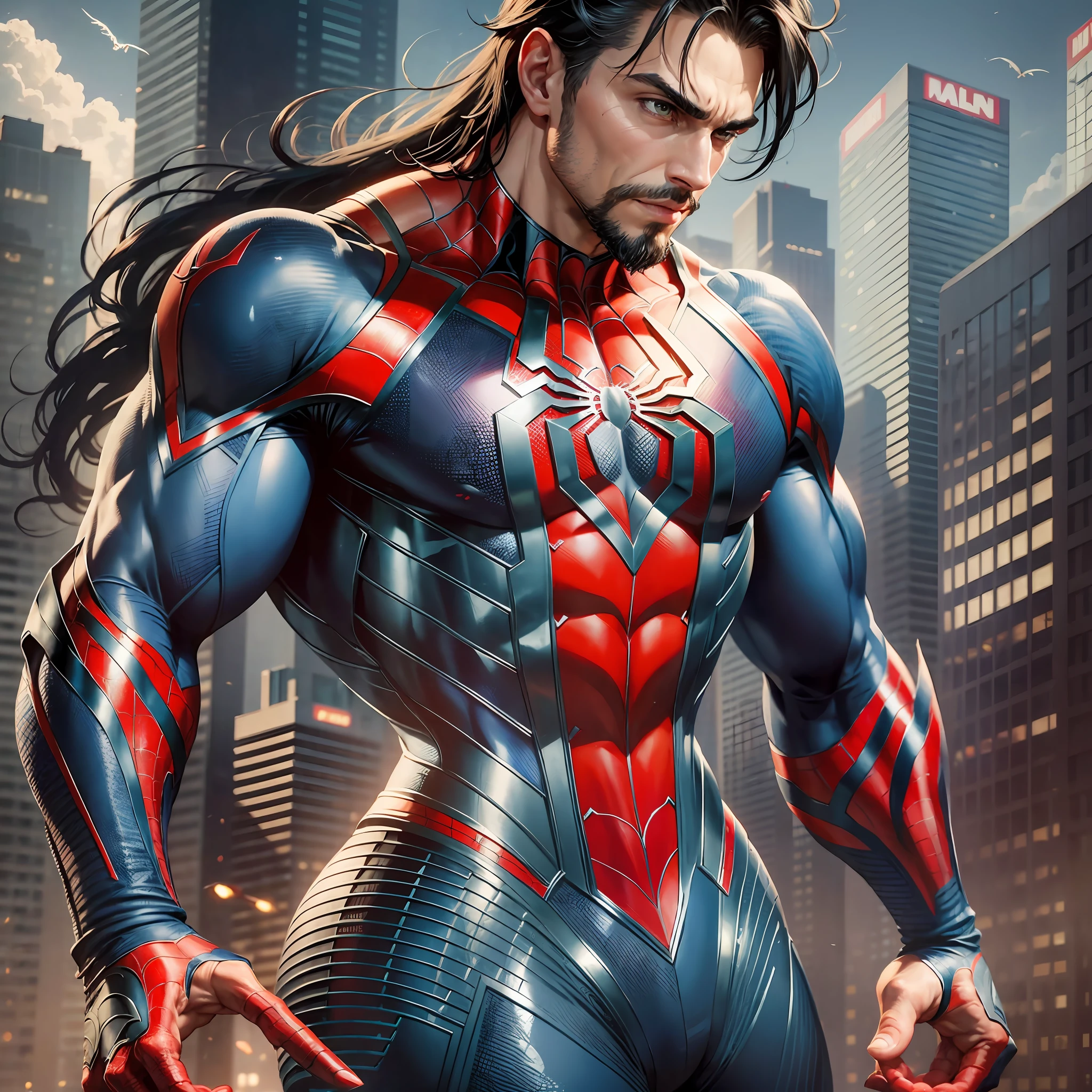 A 30-year-old man with goatee, medium black hair, is the spider-man 2099 of the Marvel comics, Biceps and triceps defined, large pectoral, strong feathers, strong deltoids, defined abdomen, strong forearm, thick neck aesthetic, in the style of realistic renderings, spider-man 2099, 8k, detailed eyes, perfect eyes, epic, dramatic, fantastic, full body, design and intrigued details, dramatic lighting. --auto --s2
