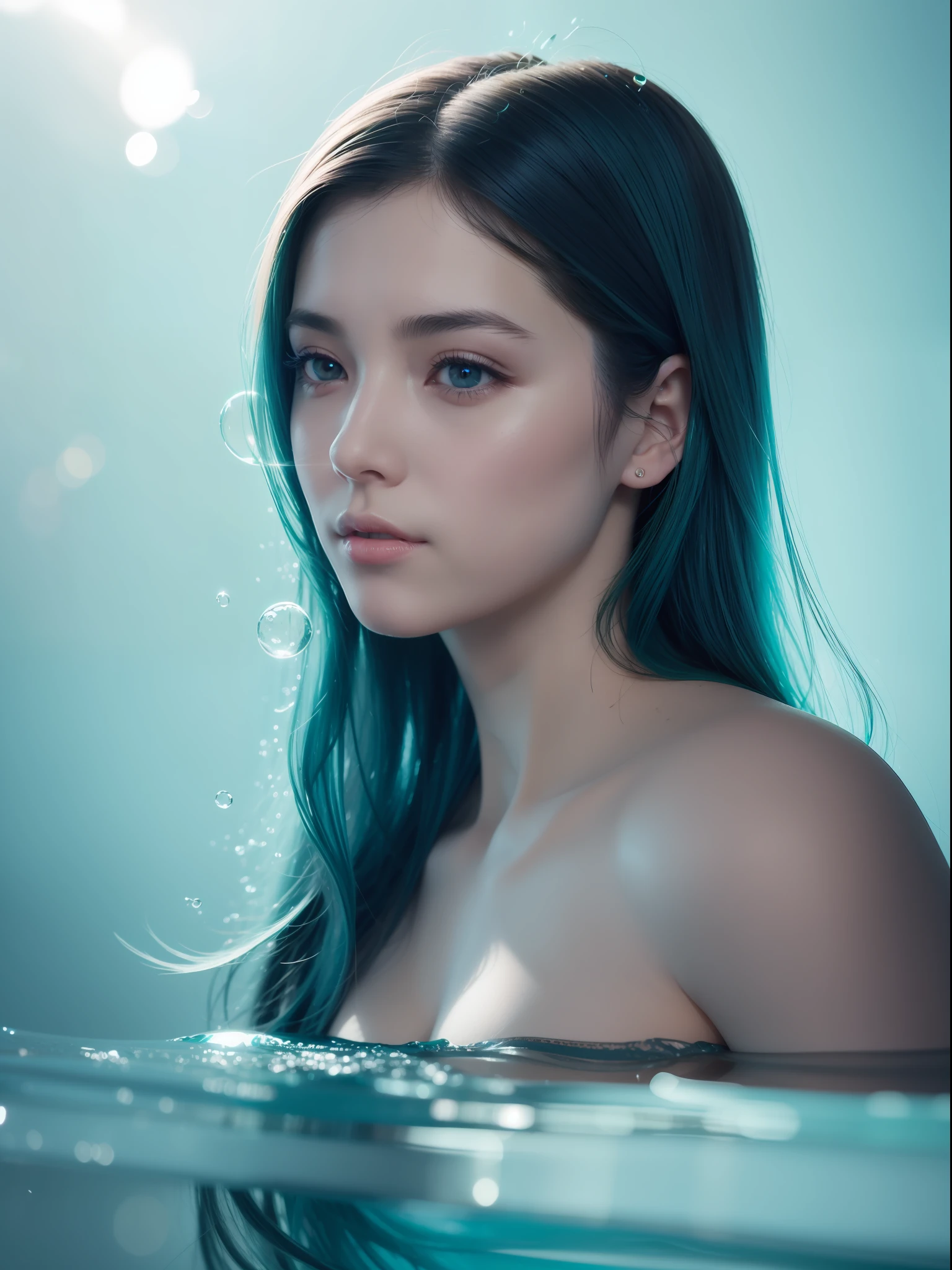 a faint perfume, low dawater, blue and green color palette, volumetric light, amazing bubbles reflecting sunlight, photo realistic, front camera angle, super detailed