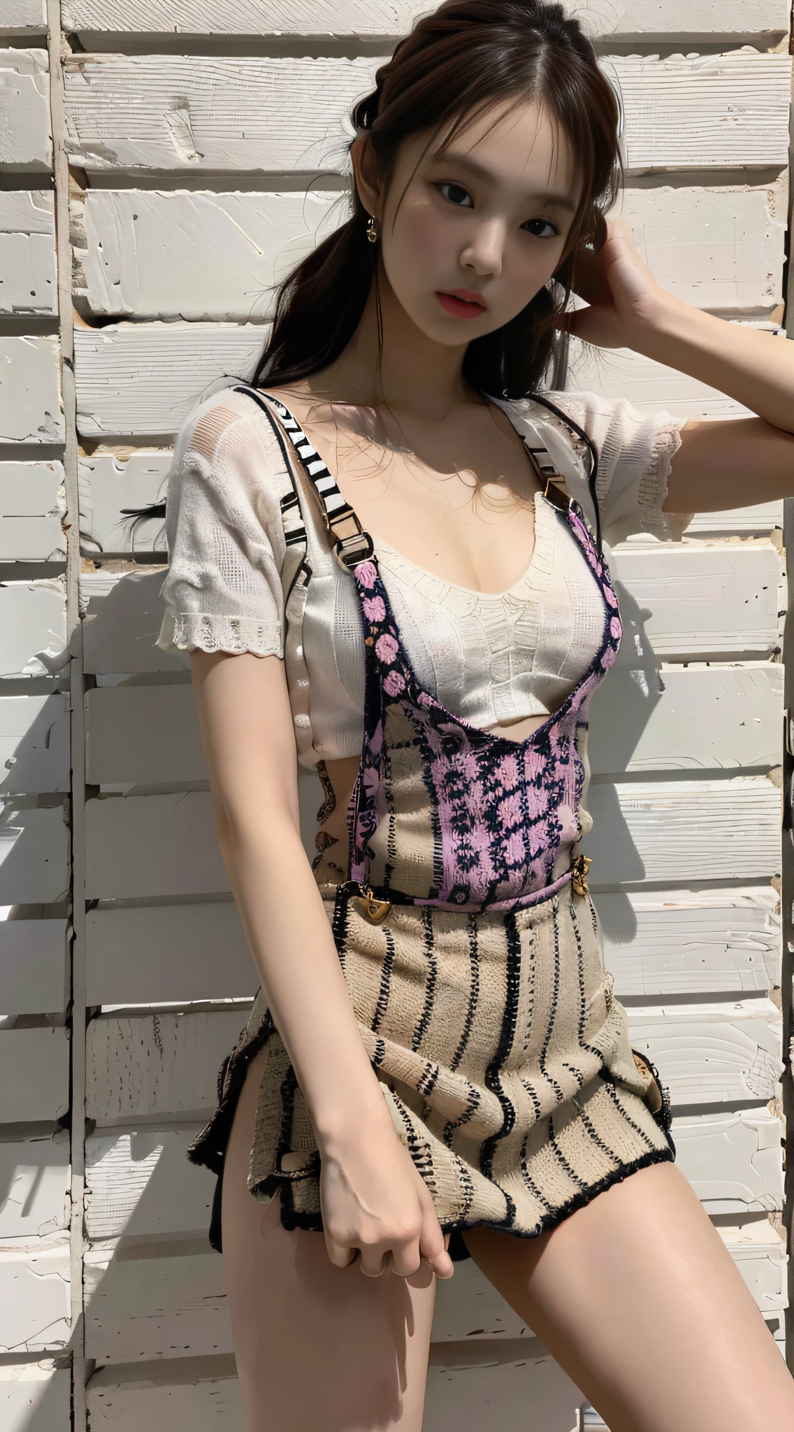 (1girl:1.3), solo, __body-parts__, Kim Ji-ni Jennie face, babes style, y short sleeves, knitted short sleeves, cleuspenders, knitted striped hip skirt, floral, 16k, resolution image,