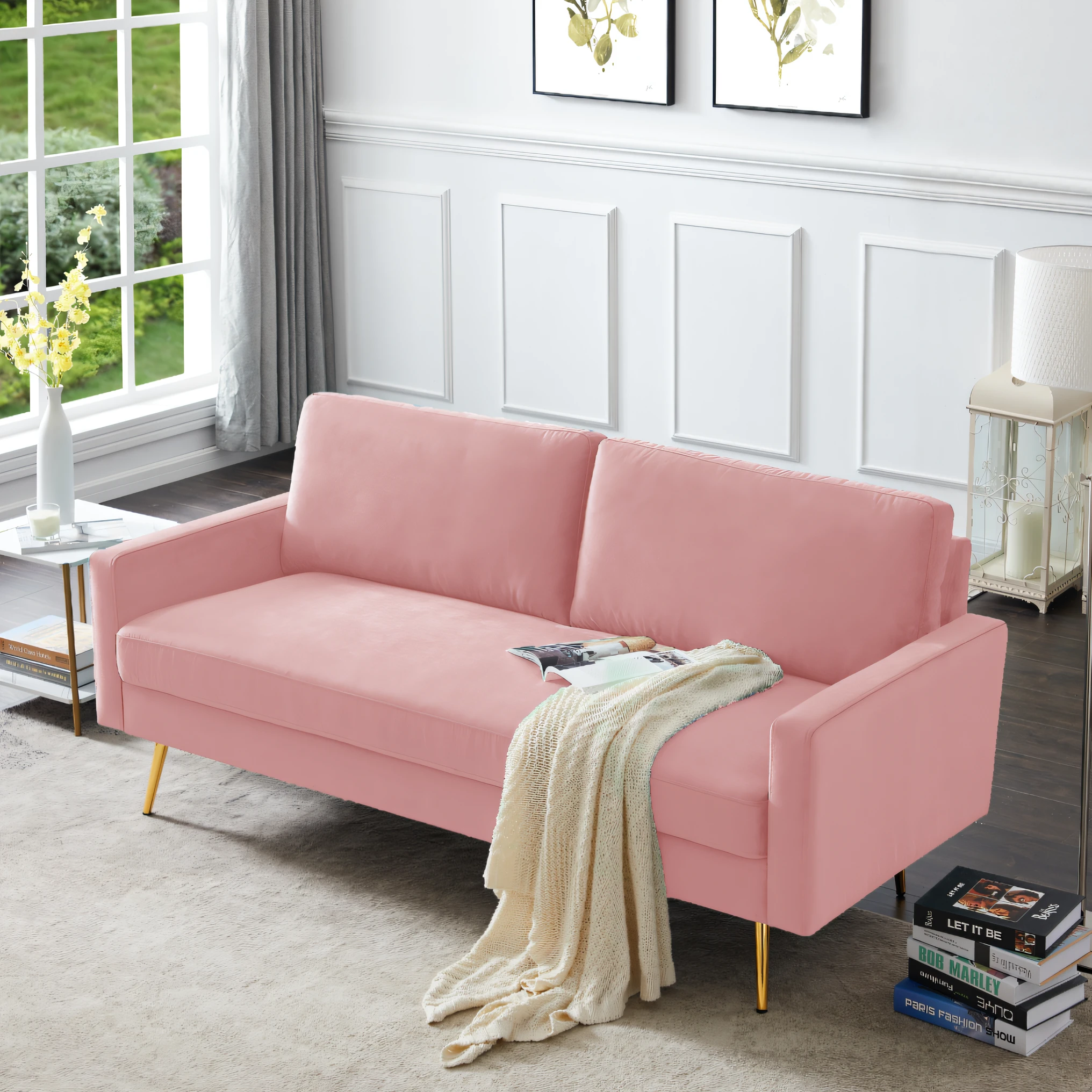 arafed pink couch with a blanket on it in a living room, with soft pink colors, detailed zoom photo, velvet couch, mid - century sofa, full subject shown in photo, designed for cozy aesthetics!, pink and gold color scheme, couches vibrating and melting, couch, pink and grey muted colors, delicate detailing golden stroke, pastel pink concrete