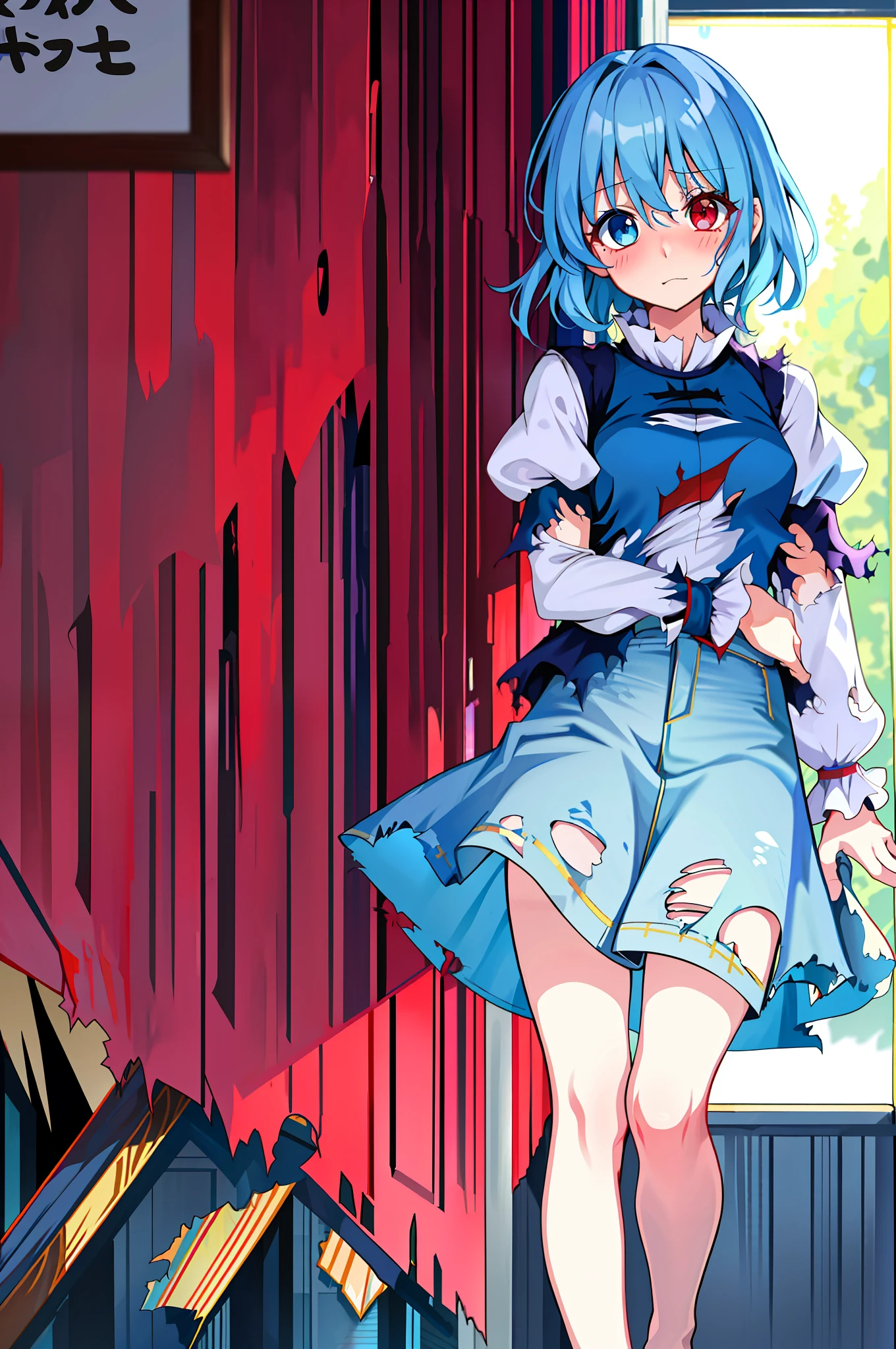 (masterpiece, best quality:1.1), solo, 1girl, tatara kogasa, blue hair, heterochromia, blue eyes, red eyes, vest, shirt, puffy sleeves, long sleeves, skirt,(torn clothes:1.2),(embarrassed:1.5)