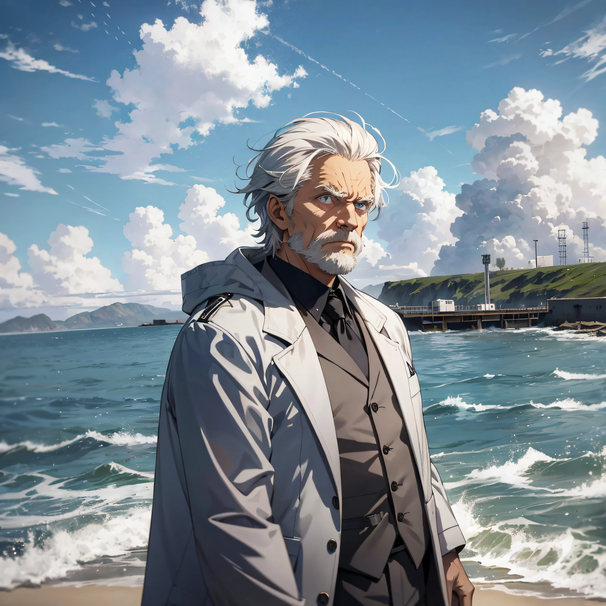 At the weapons testing ground at the empty dock by the sea, a white-haired old man (1.3) dressed in a white suit with a serious and angry expression